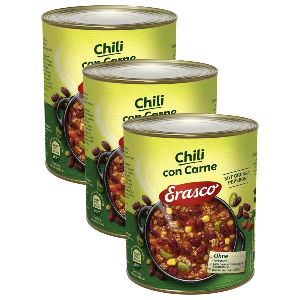 ERASCO Fertiggericht, Erasco Chili con Carne mit grüner Peperoni Packung 800g 3er Pack