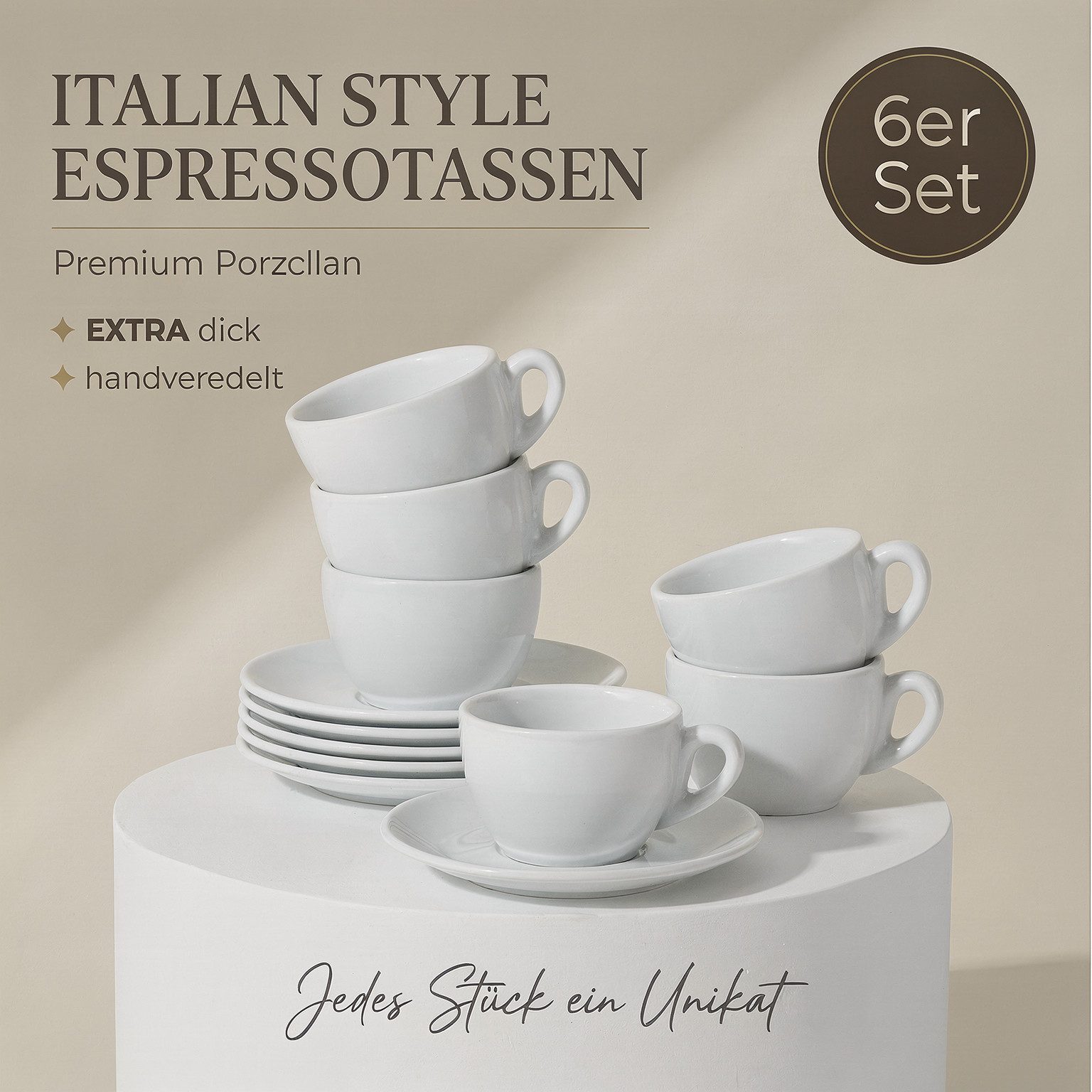 MUVELL Espressotasse 6x Espressotassen & Untertassen Set 0,8 cm dickwandig, weiß, 6-tlg., Keramik, 60 ml weiß