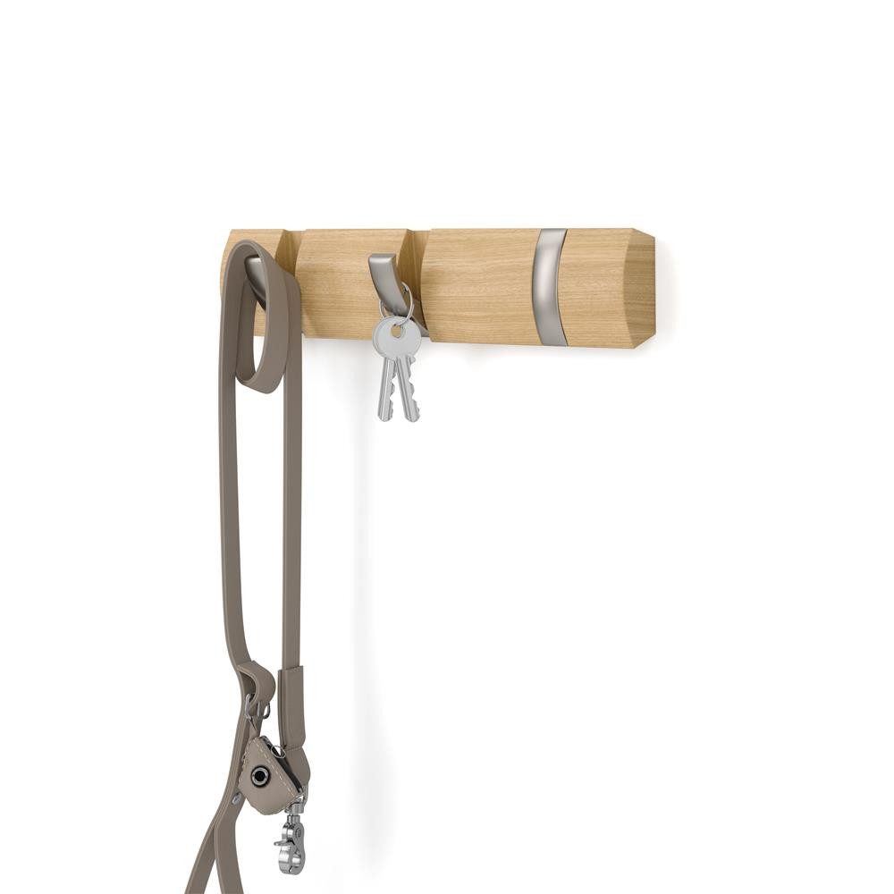 Umbra Wandgarderobe Flip, Garderobenleiste mit 3 Klapphaken, in Naturoptik, ausEschenholz