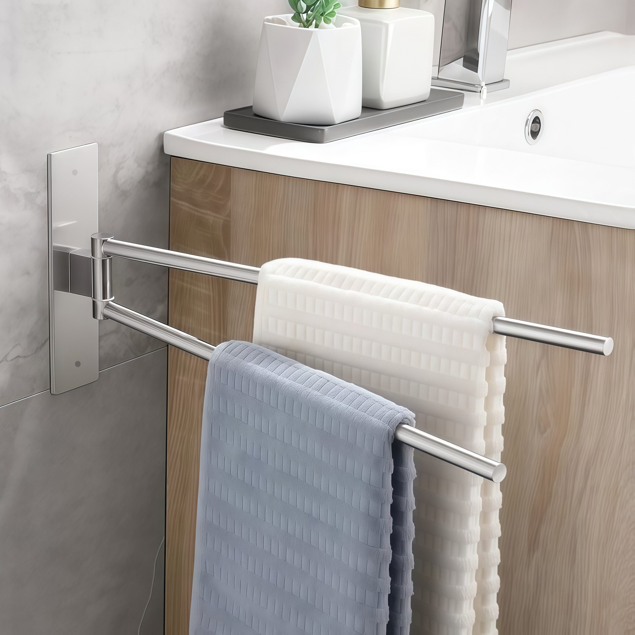 FOUORTUNATE-BEE Handtuchhalter 180° drehbarer, selbstklebender Handtuchhalter aus Edelstahl, Doppellagiger, bohrfreier Handtuchhalter für Bad und Küche