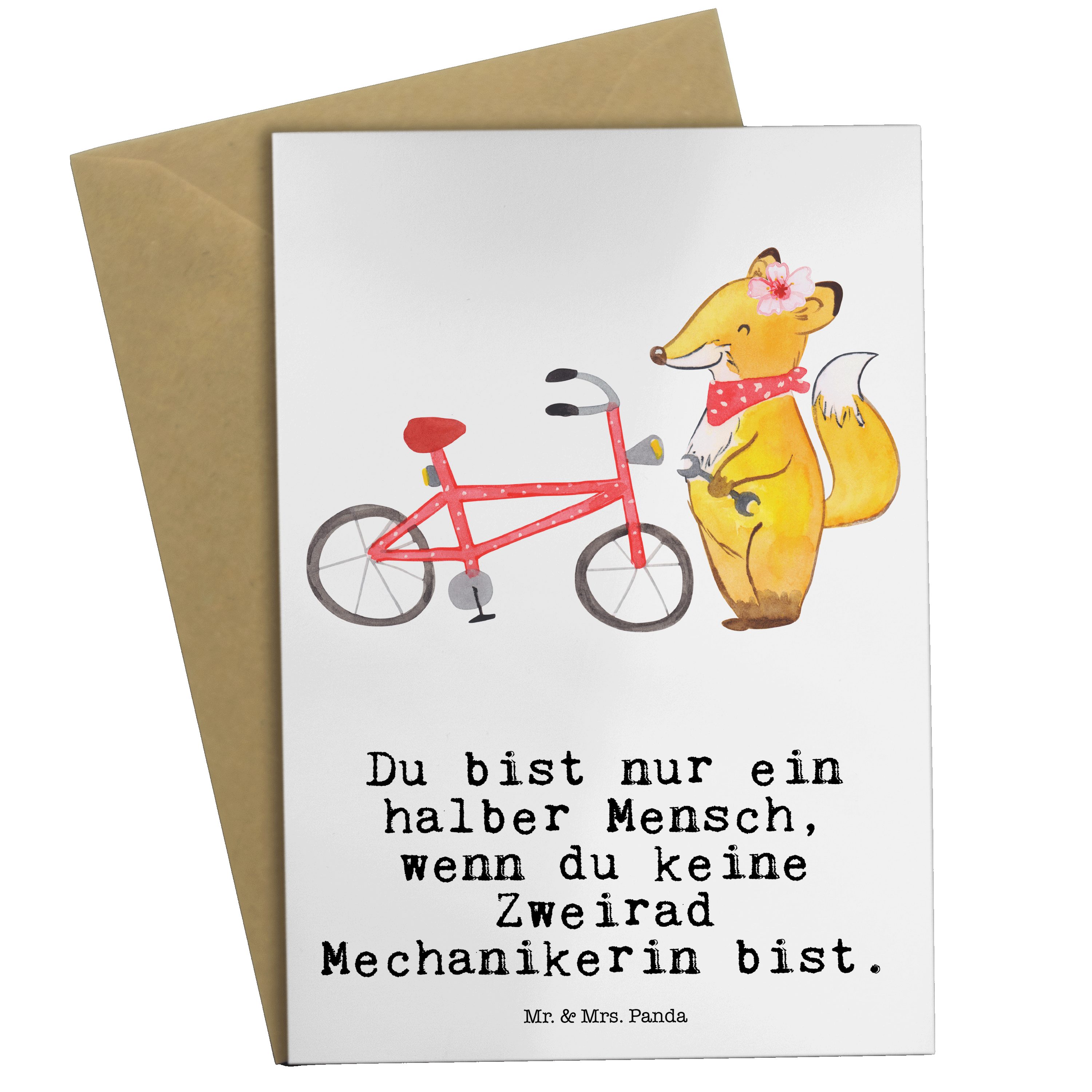 Mr. & Mrs. Panda Grußkarte Zweirad Mechanikerin mit Herz - Weiß - Geschenk, Glückwunschkarte, Kl