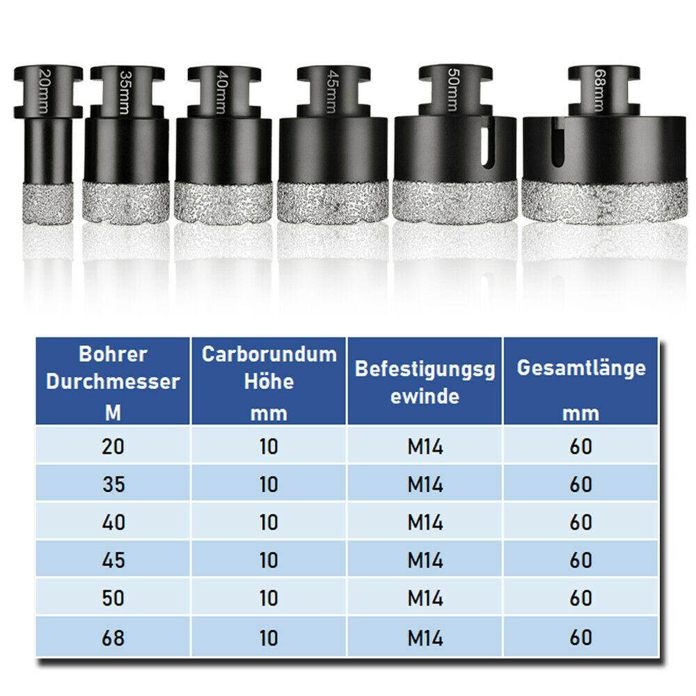 7in1 Feinsteinzeug + Diamant Fliesenbohrer, Kernbohrer 20-68mm Nass+Trocken XERSEK Diamantscheibe M14 Diamantbohrer Diamantbohrkronen, Lochsäge Hohlbohrer 125mm Winkelschleifer 7-tlg., Set Bohrkrone