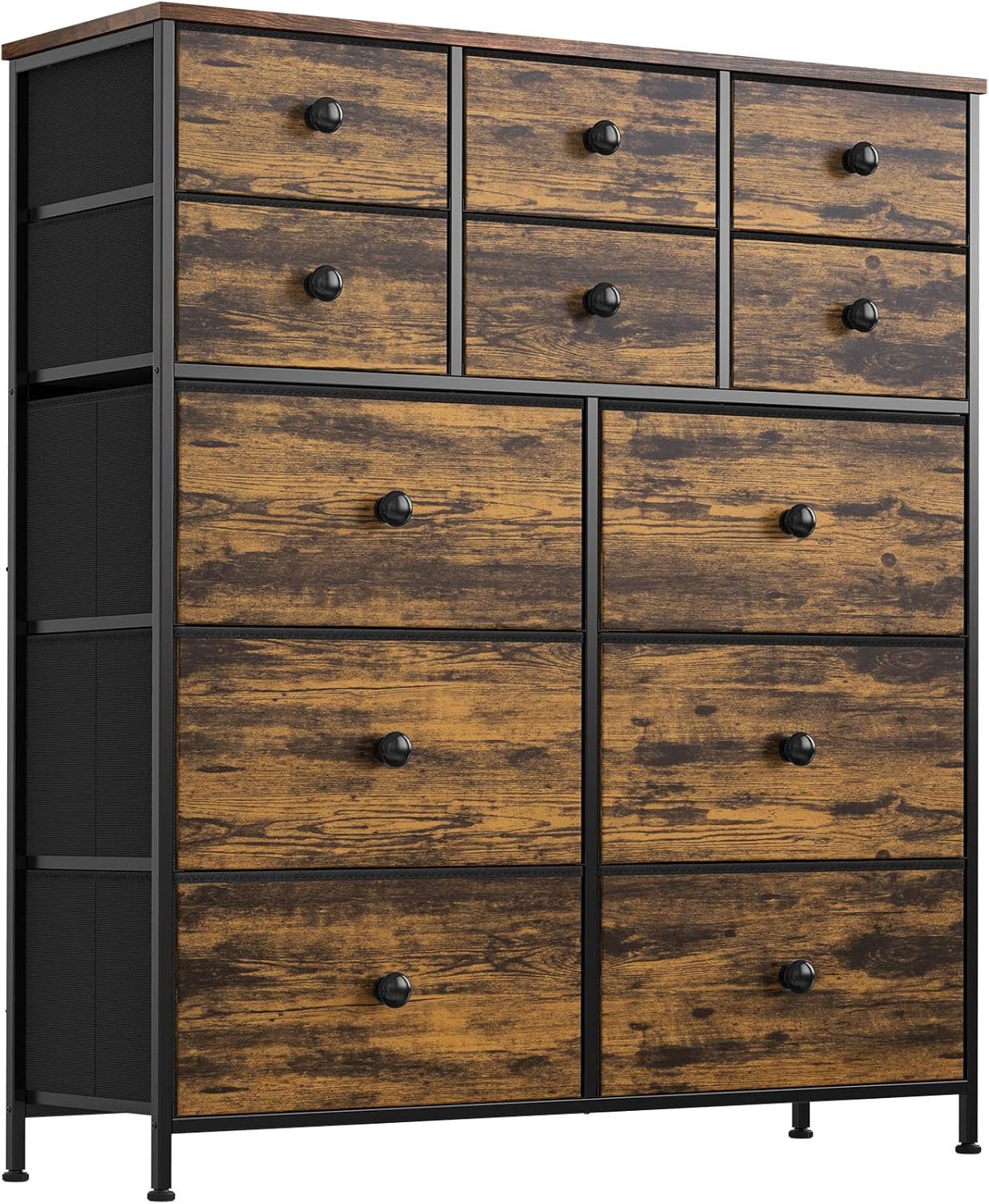FABATO Kommode mit 12 Schubladen, großer Schubladenschrank, 99x30x110cm, mit Metallrahmen und Holzplatte für Schlafzimmer, Wohnzimmer