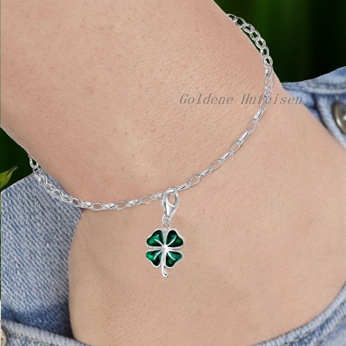 Goldene Hufeisen Charm Blume Kleeblatt Karabiner Charm Anhänger aus 925 Sterling-Silber mit Emaille, Rhodiniert – Bild 2 von 4