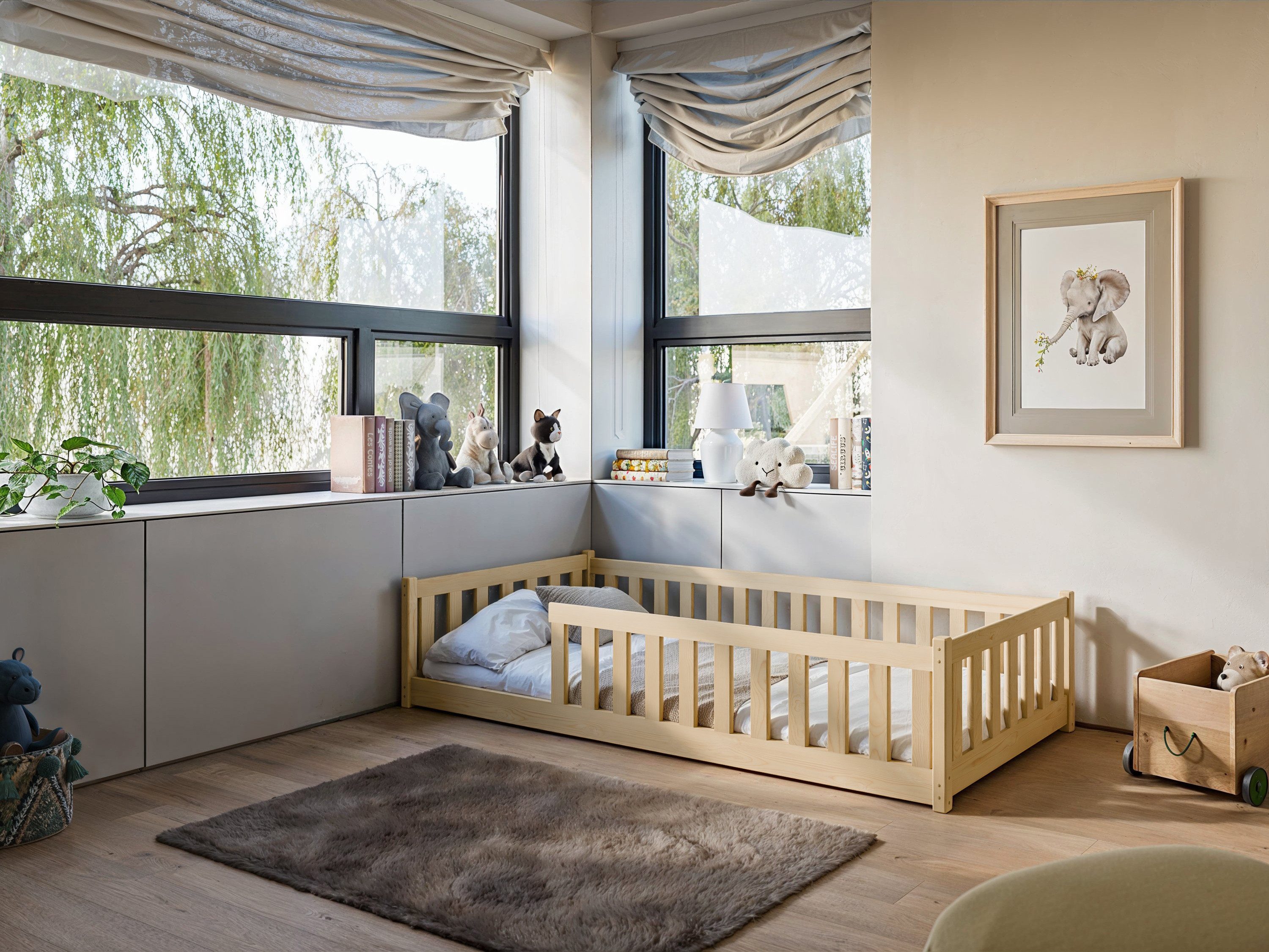 Kids Collective Kinderbett Bodenbett Bett mit Rausfallschutz & Lattenrost Montessori Bett Kinder (weitere Größen 80x160, 120x200, 140x200 cm), Jugendbett Einzelbett optional mit Matratze, natur Kiefer 90 x 200 cm