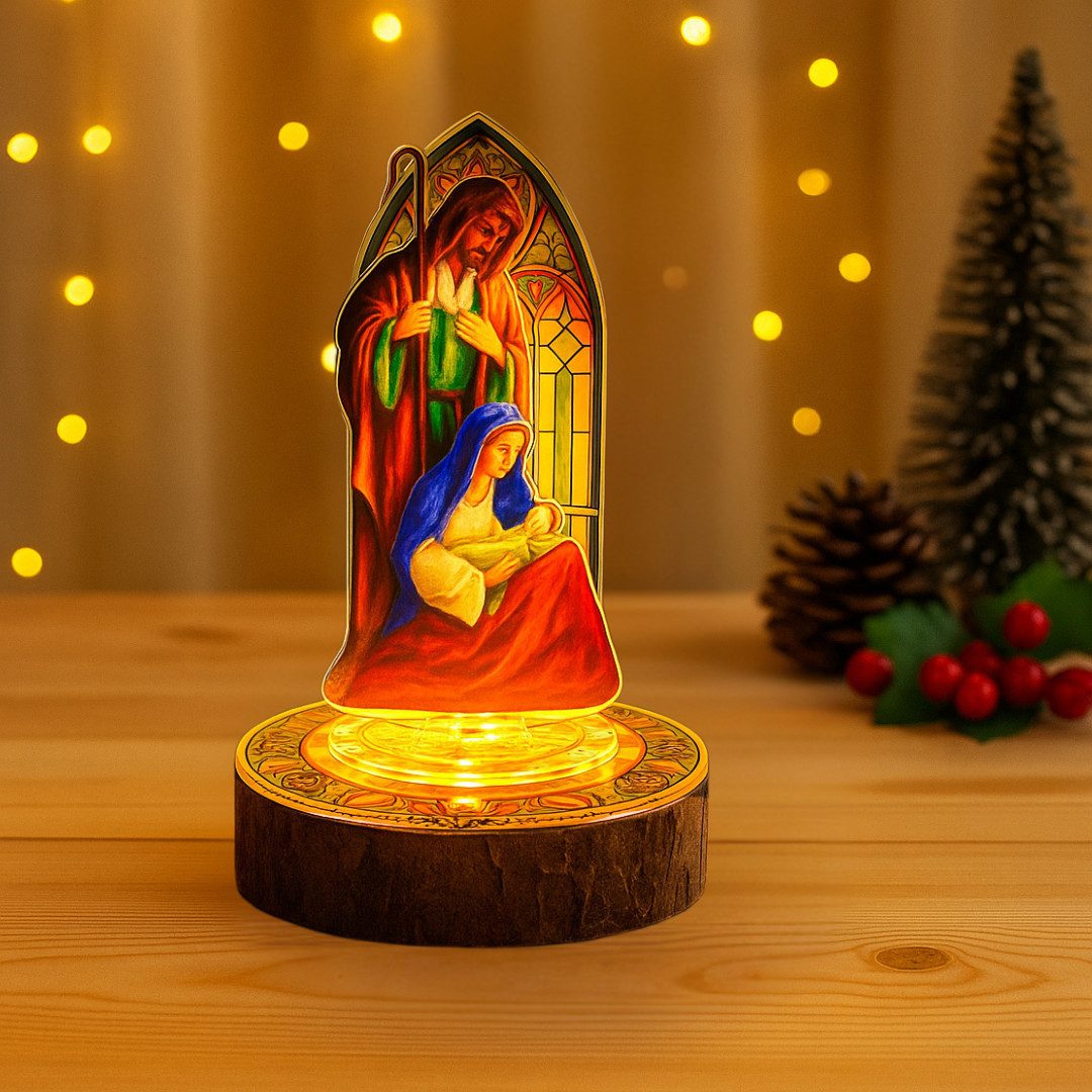 abc HOME Krippenfigur LED Krippenszene Heilige Familie Figur, 20 cm, Buntglas-Optik