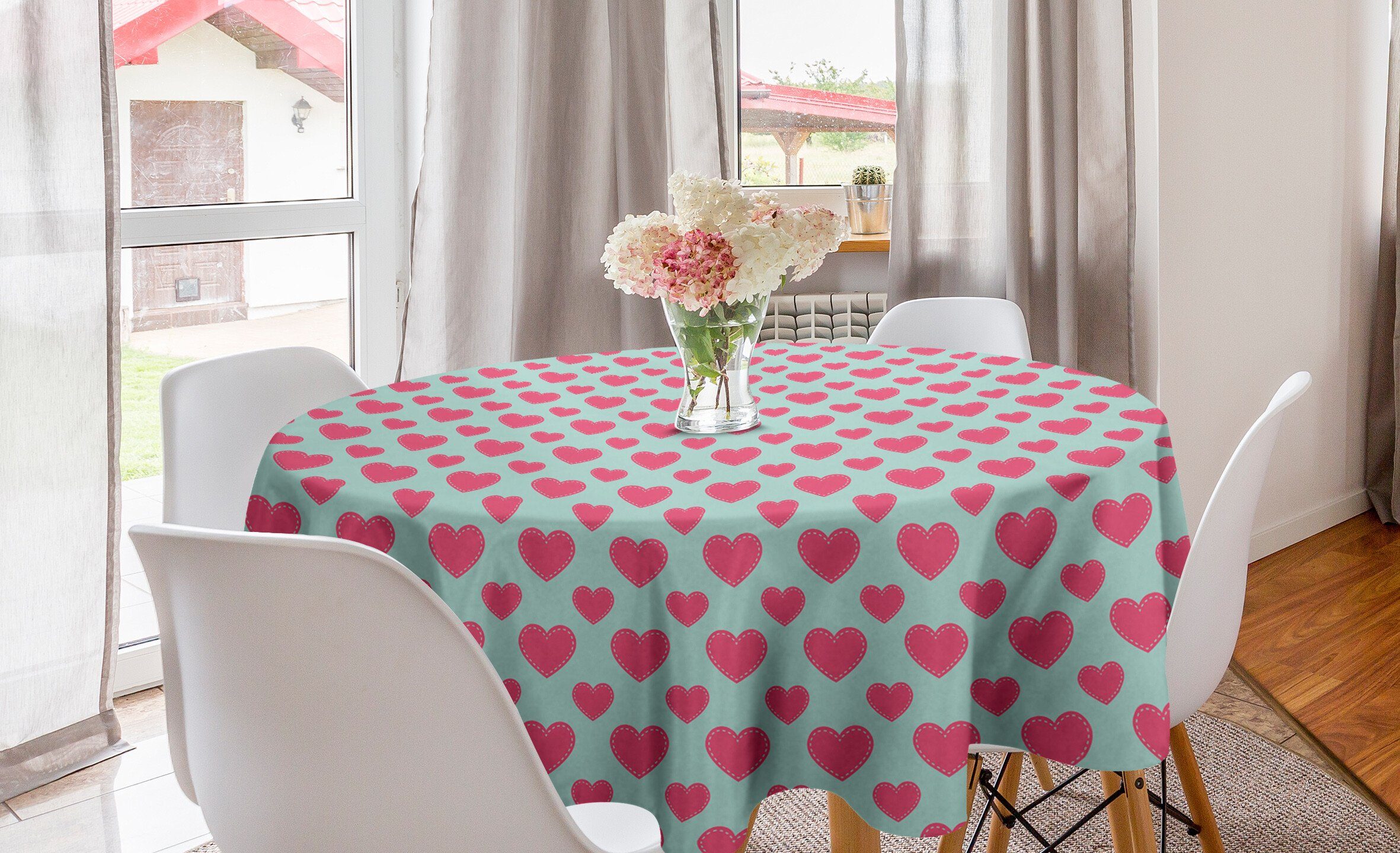 Abakuhaus Tischdecke Kreis Tischdecke Abdeckung für Esszimmer Küche Dekoration, Vintage Valentine Strich-Linie Herz