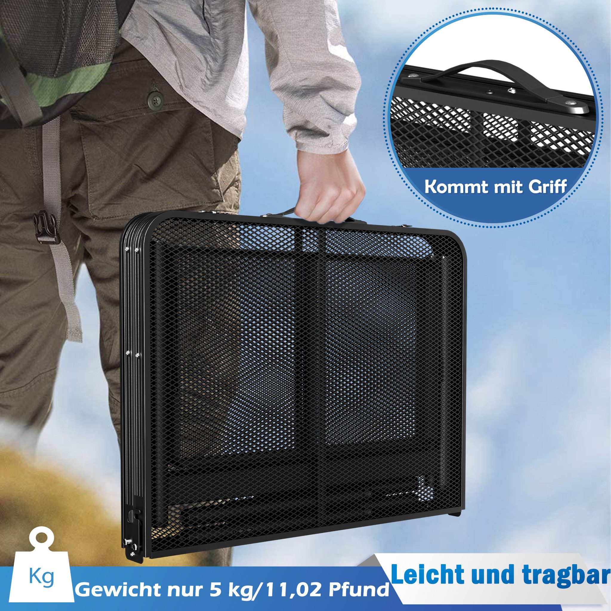 FIVMEN Campingtisch Camping Beistelltisch Klappbar 90×60cm Metallgitterplatte Gartentisch, Höhenverstellbarer Camping Tisch Outdoor Picknicktisch Klapptisch