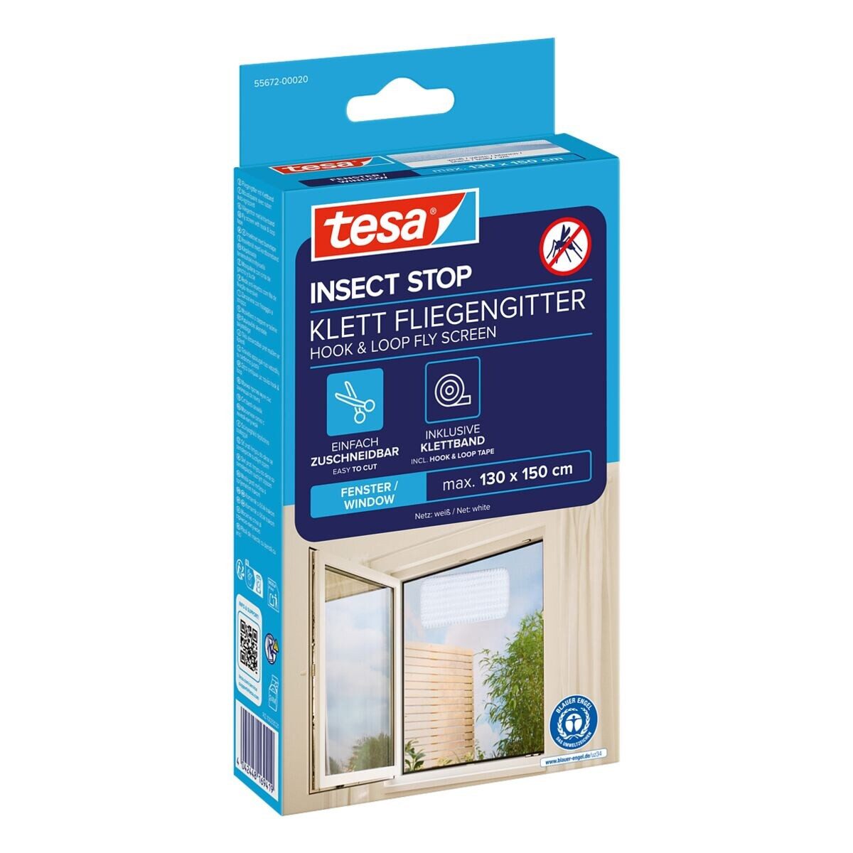 tesa Fliegengitter-Gewebe Klett Fliegengitter für Fenster - Insektenschutz - 130x150 cm, (Packung, 1-St., Fliegennetz, Klettband), mit Klettband, zuschneidbar - Mückenschutz ohne Bohren