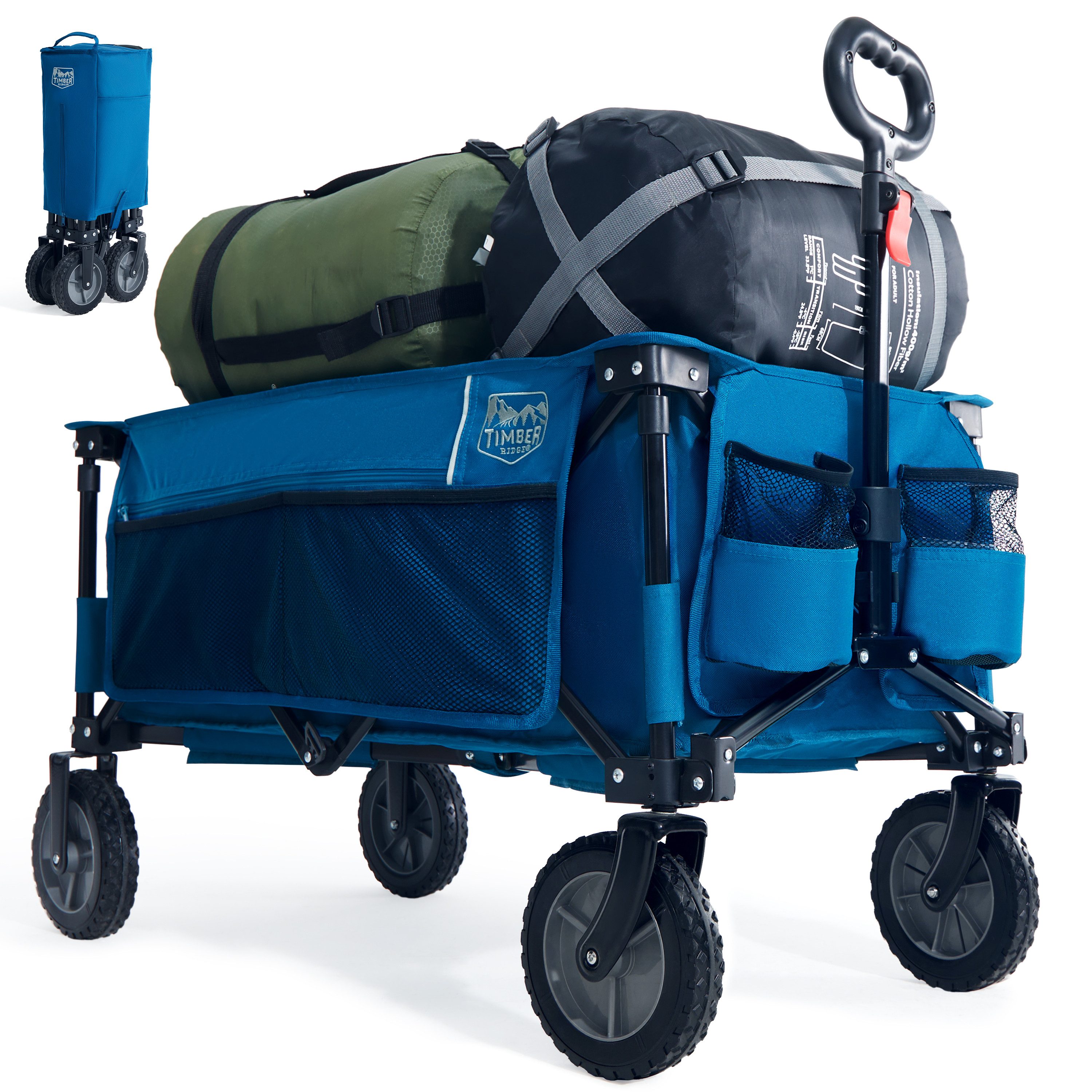 TIMBER RIDGE Bollerwagen Faltbar XXL mit Seitentasche für alle Gelände, 100kg tragbar (1-tlg), mit einziehbarem Griff und 360°-Räder