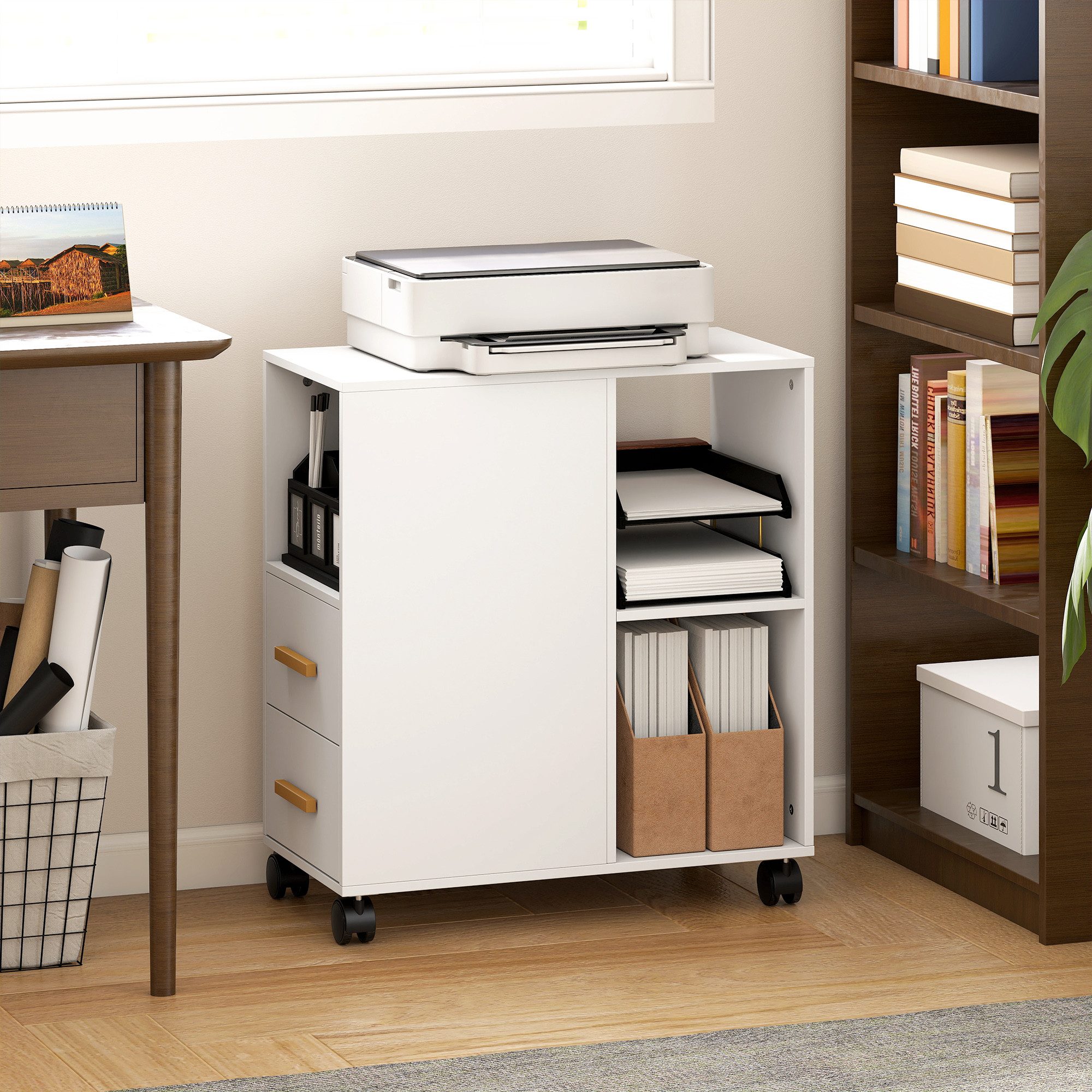 HOMCOM Aktenschrank Druckerständer Druckertisch Schreibtisch Organizer für Drucker (Set, 1-St., Druckerwagen) Mit Rollen und verstellbarem Regalboden