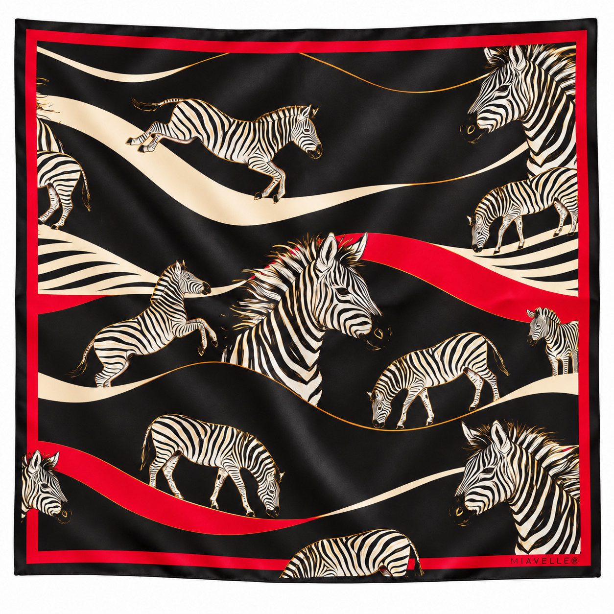 MIAVELLE Halstuch Seidentuch Damen Zebra Animal Print Halstuch Made in Germany, Seidentuch Halstuch Seidenschal schwarz-rot elegant 66 cm x 66 cm