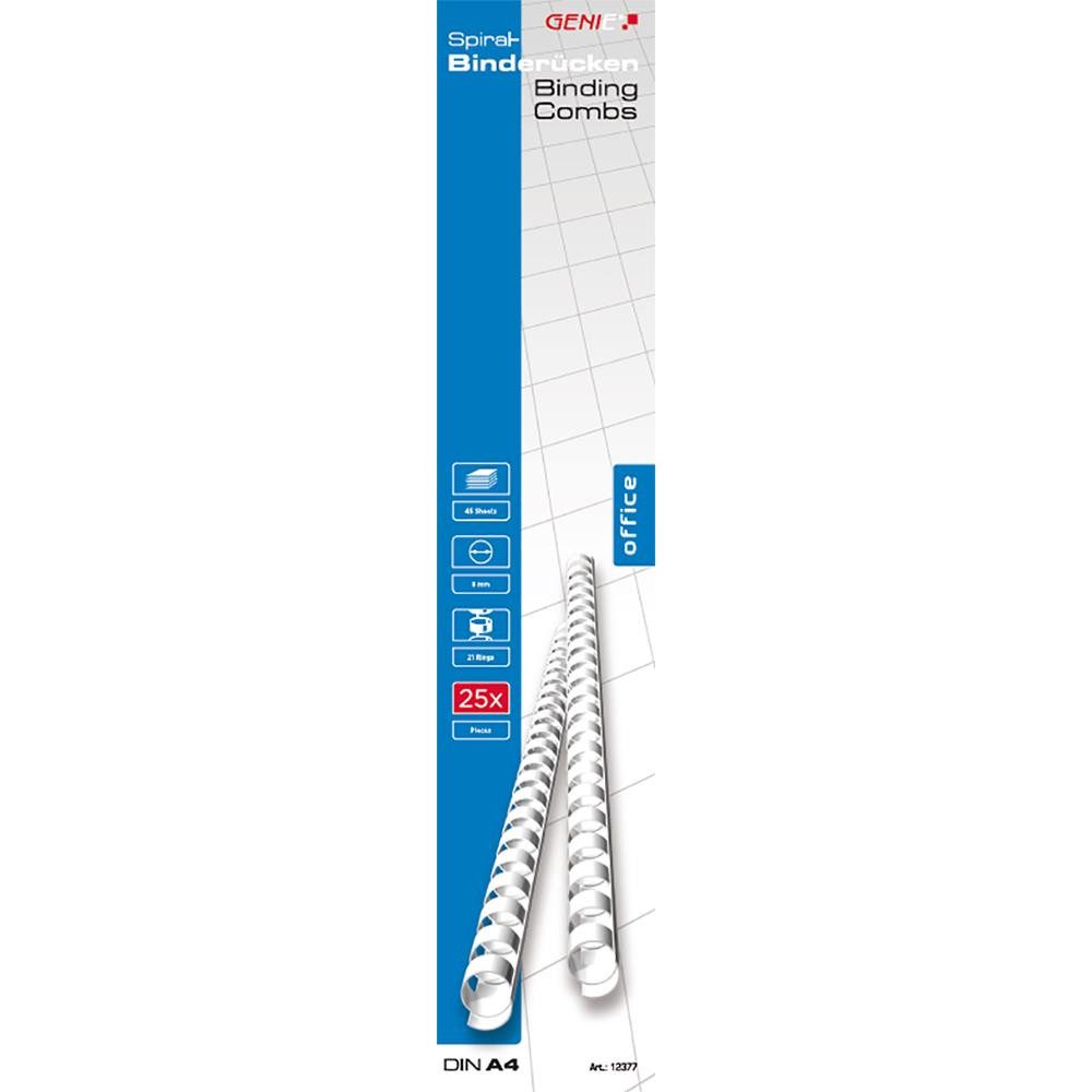GENIE Drahtbindegerät 12377 Kunststoffspiralen DIN A4, 8 mm, 25 Stück, 21-Ring-System, bis 45 Blatt, um 180° umschlagbar