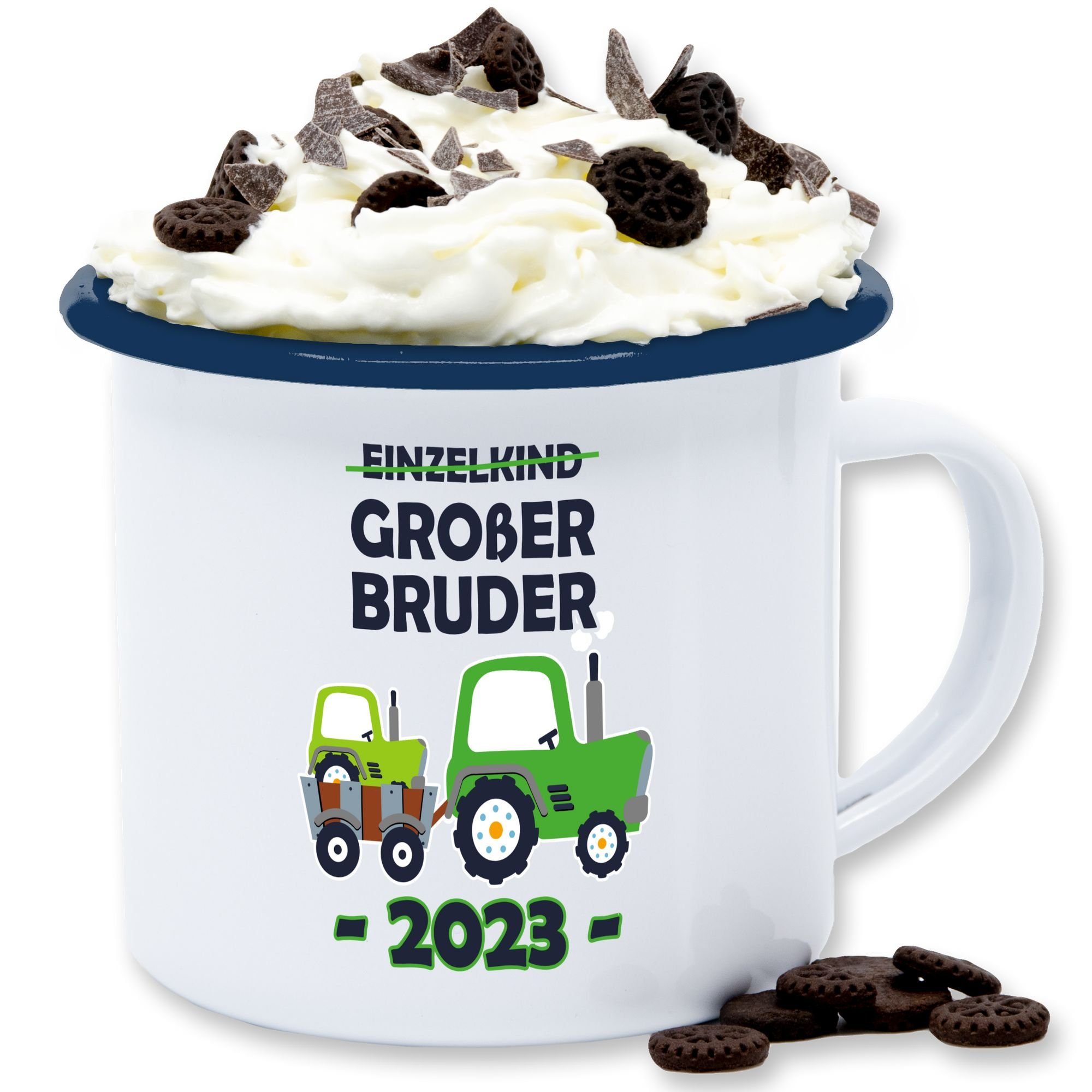 Shirtracer Tasse Einzelkind Großer Bruder 2023 Traktor, Stahlblech, Großer Bruder 1 Weiß Blau