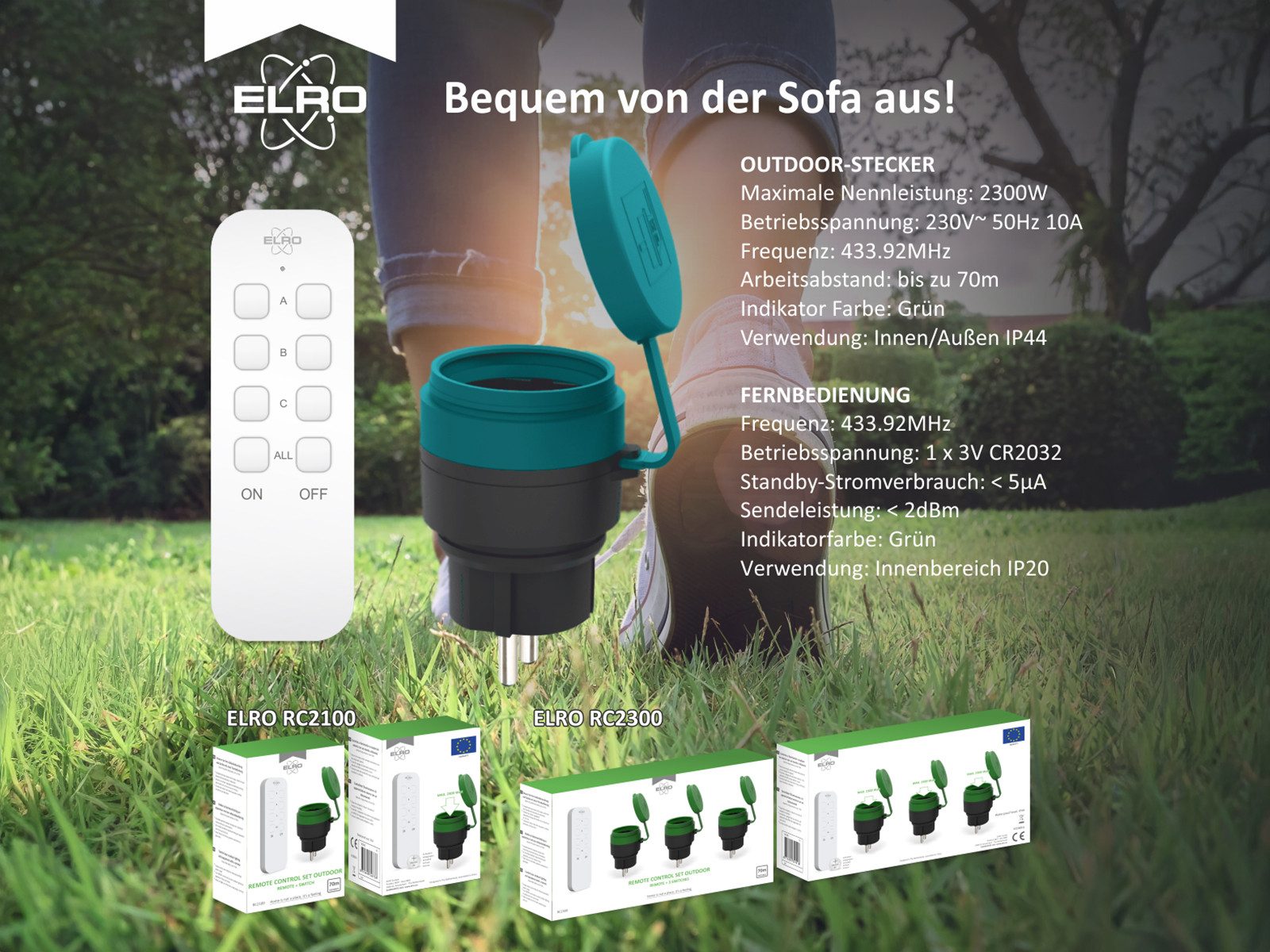 Elro Funksteckdose, 3er Set schaltbare IP44 Steckdose mit Fernbedienung, Gartensteckdose