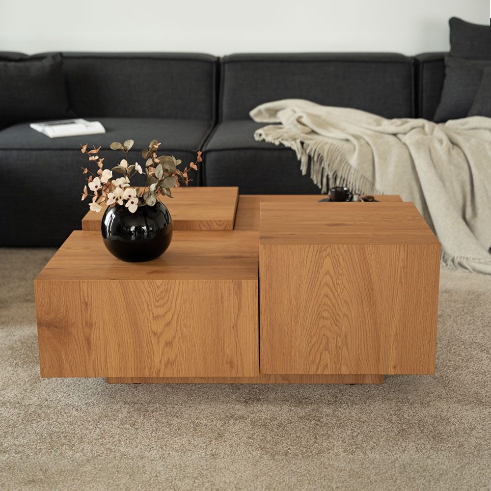 HOME DELUXE Couchtisch NAYELI 96 x 96 x 39 cm (Moderner Schwebetisch mit Holzoptik), Mehrfach-Ebenen I Sofatisch, Wohnzimmertisch
