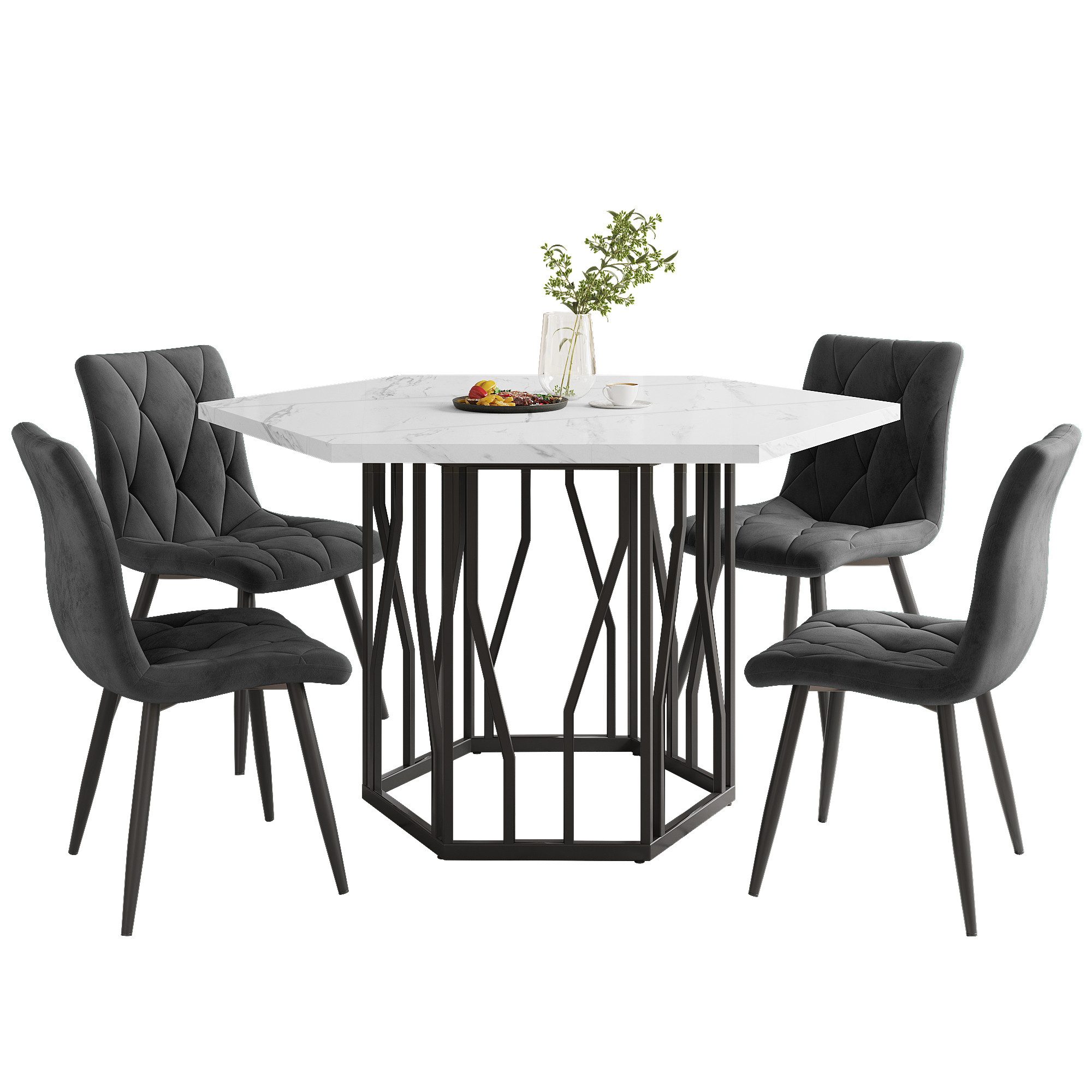 MODFU Essgruppe Sitzgruppe Set, (Esstisch- und Stuhlset, 5-tlg., 1 Tisch mit 4 Stühlen), sechseckiger Esstisch mit Marmormusterarbeitsplatte