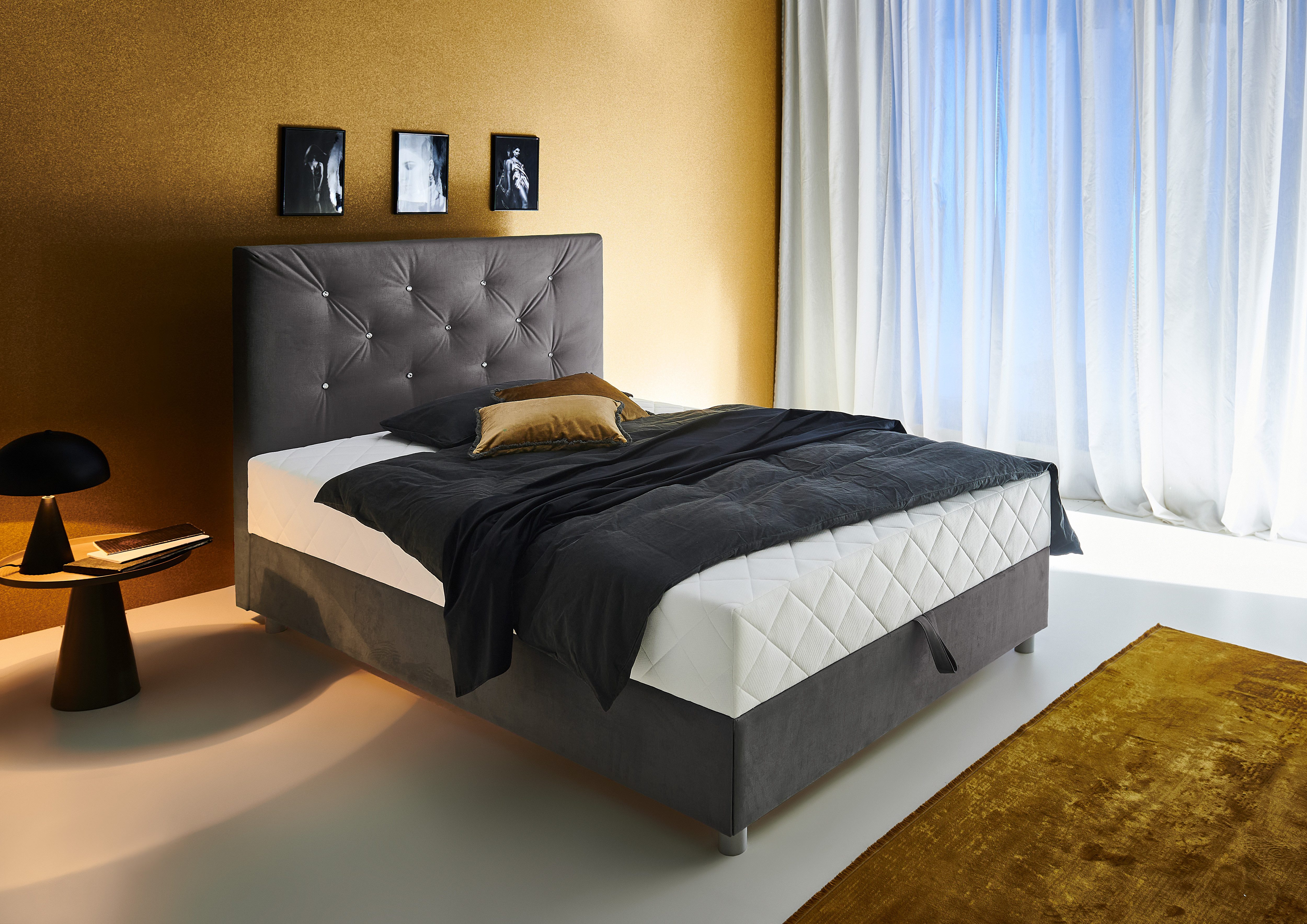 ATLANTIC home collection Boxbett CELIA im hochwertiger Samtoptik, mit Taschen-Federkernmatratze, Bettkasten und Strass-Steinen