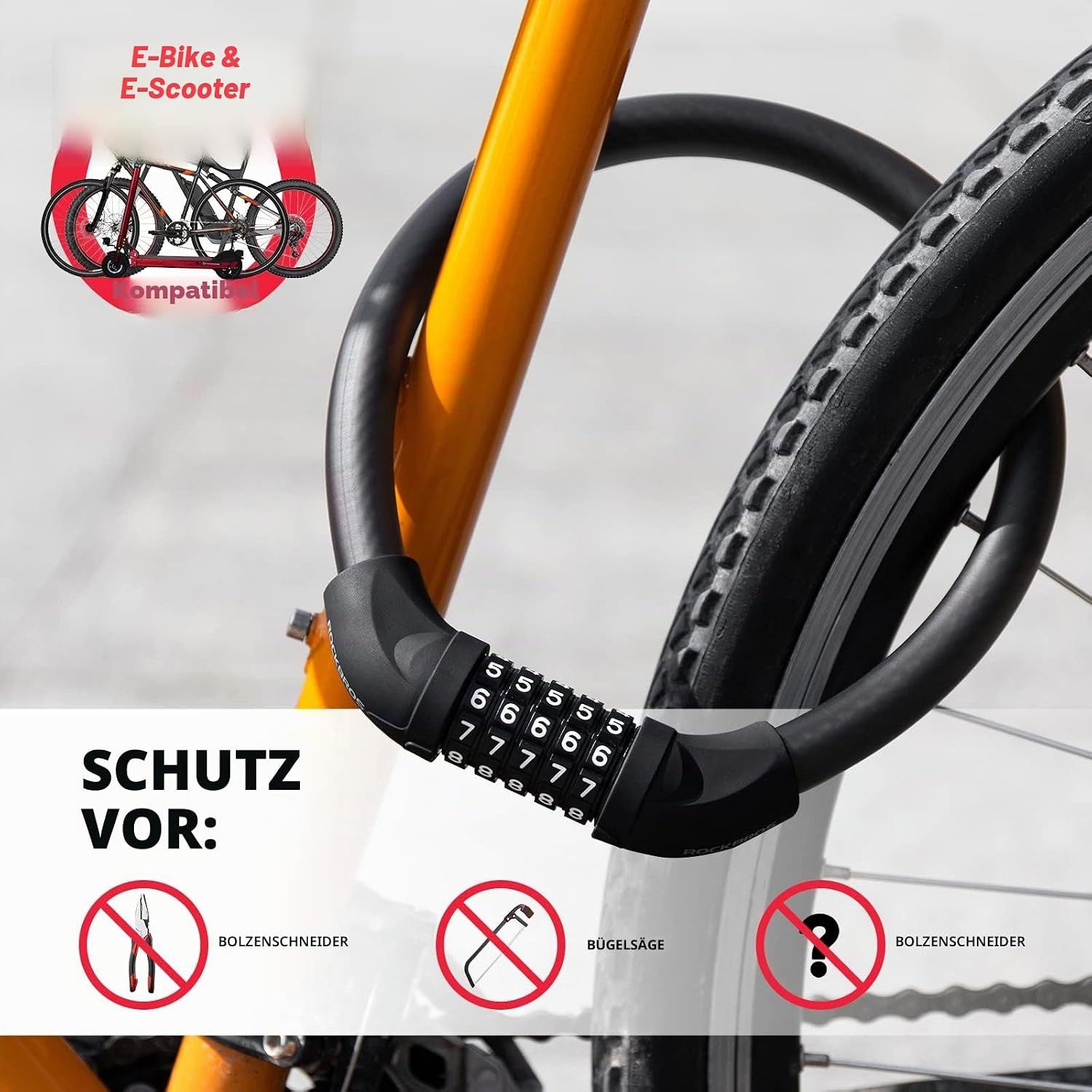ROCKBROS Faltschloss Fahrrad-Kabelschloss mit Zahlenschloss, 570mm/870mm