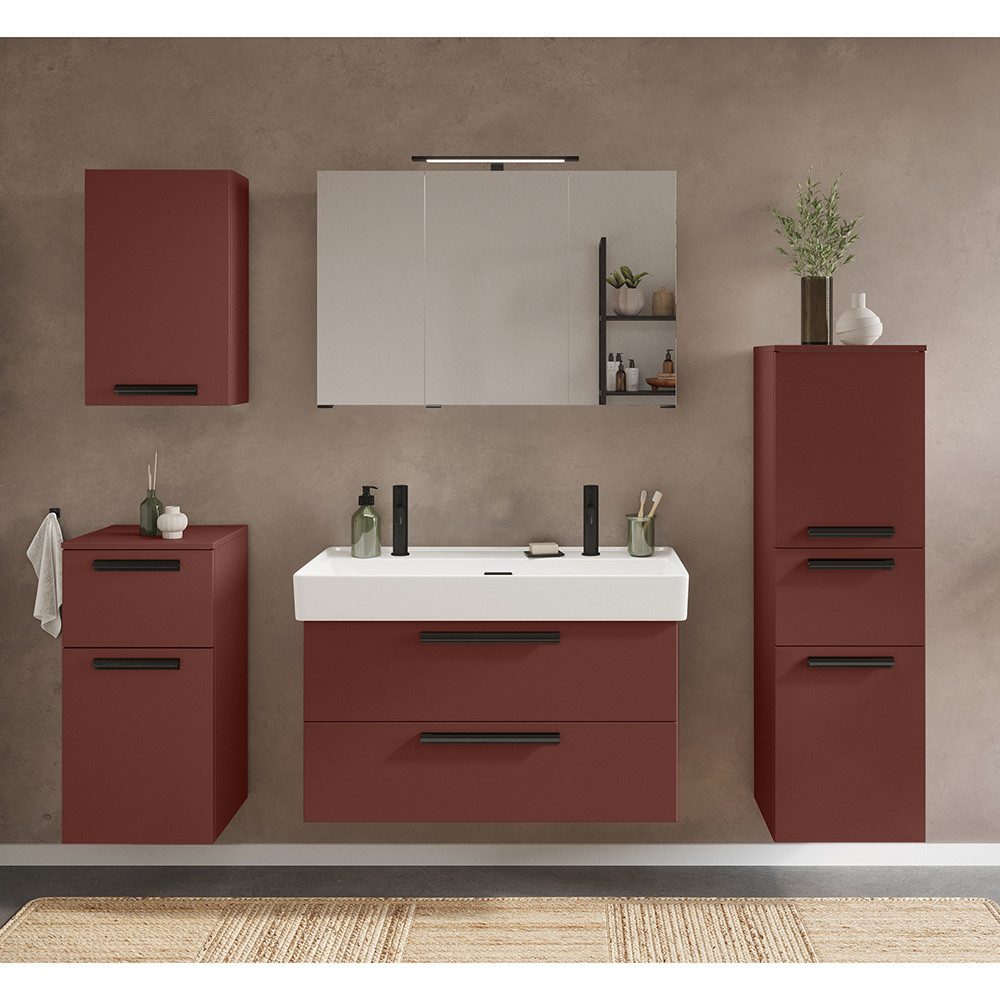 Lomadox Badmöbel-Set ATELLA-03, (Spar-Set, 5-St., Waschtisch Spiegel Midischrank Unterschrank Hängeschrank), in rot, mit 100 cm Keramik-Waschbecken für 2 Armaturen, LED, 5-teilig