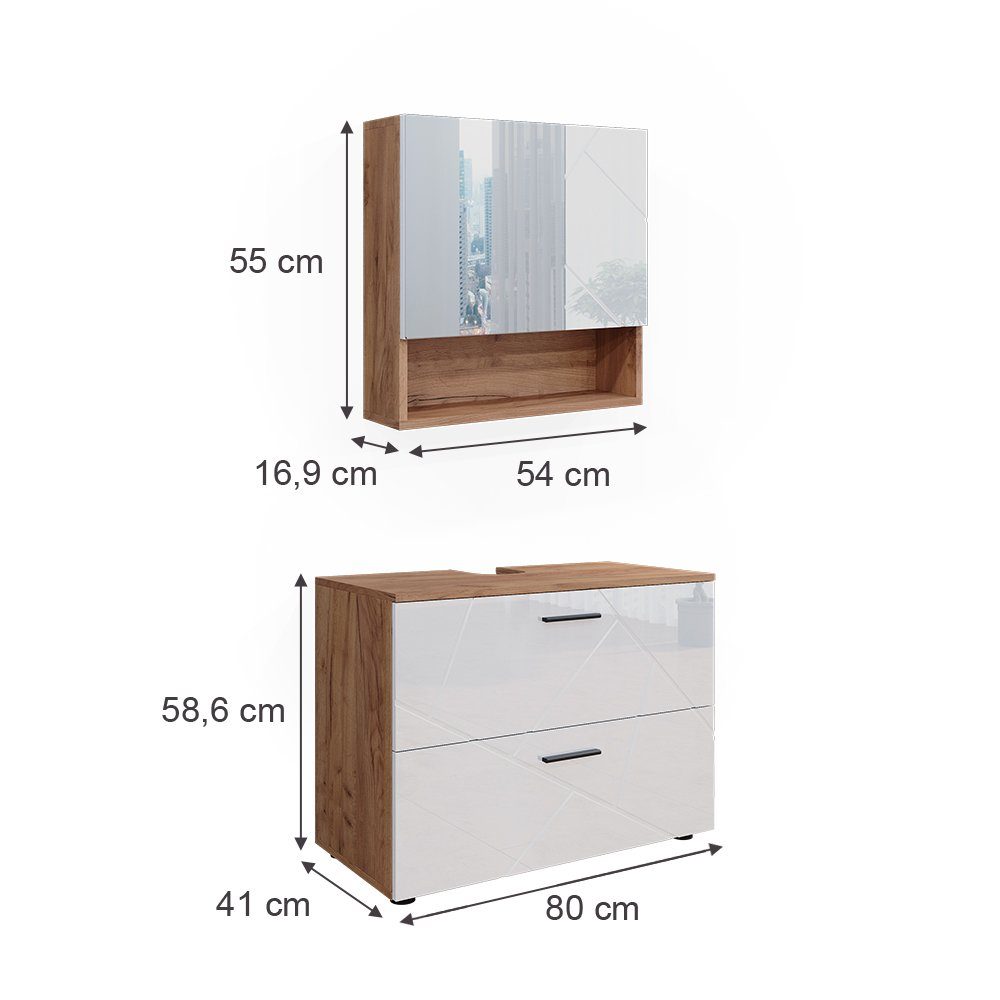Vicco Badmöbel-Set Irma, Eiche/Weiß Hochglanz, 2 Teile, (2-St., 2er Set)