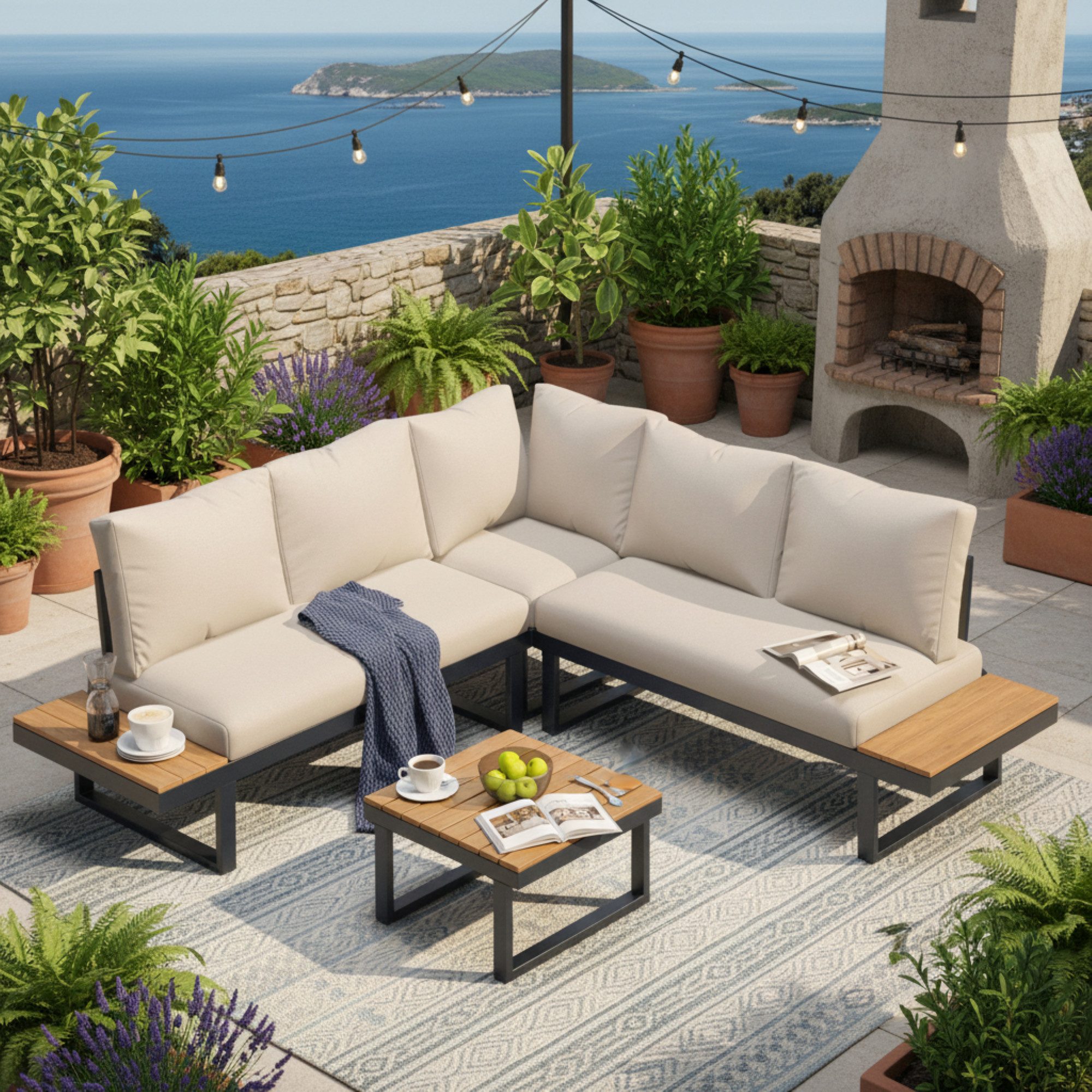 Merax Gartenlounge-Set mit verstellbarer Eck-Liegefunktion (bis 55), (4-tlg., 1 Couchtisch, 2 2-Sitzer-Sofa, 1 Ecksofa), 5-Sitzer Sitzgruppe mit Teakholzoptik Kunststoffplatte & Stahlrahmen