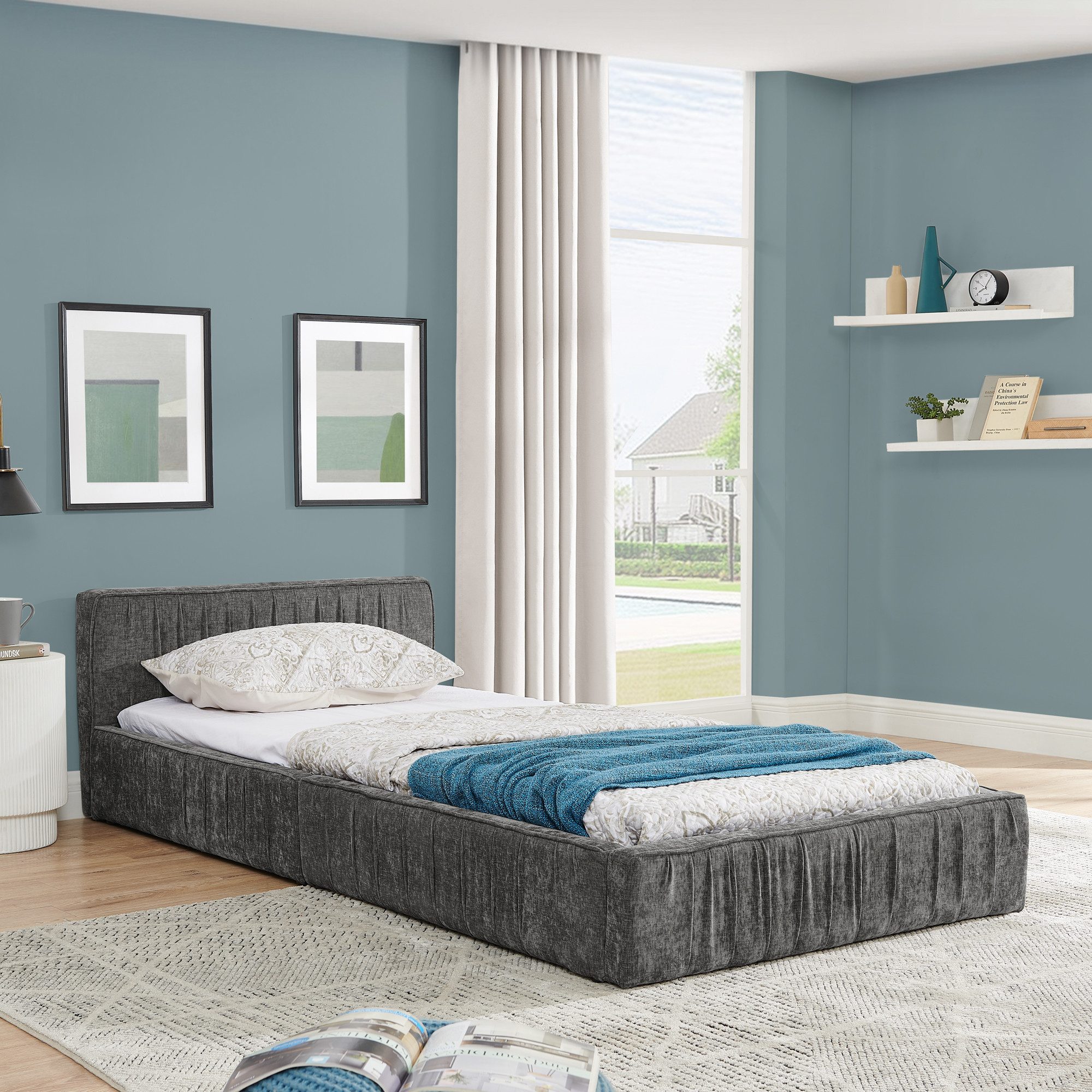 MODFU Polsterbett Polsterbett (Jugendbett mit Lattenrost, 1-tlg., 90*200cm, Chenille, ohne Matratze), Eukalyptusholz und Stabiler Eisenrahmen