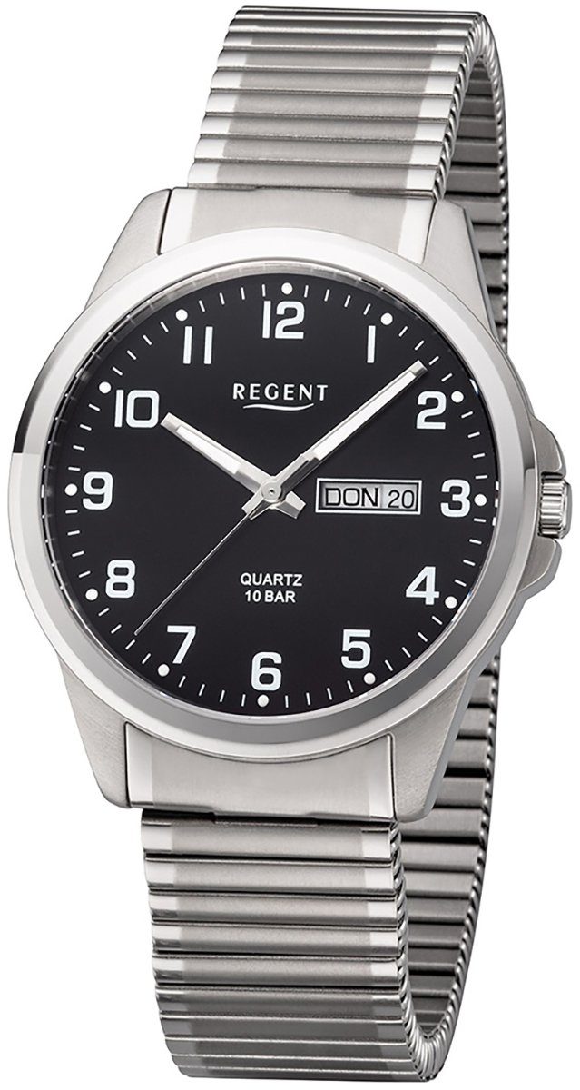 Regent Quarzuhr Regent Herren Uhr F-1199 Metall Quarz, Herren Armbanduhr rund, groß (ca. 40mm), Metallarmband schwarz
