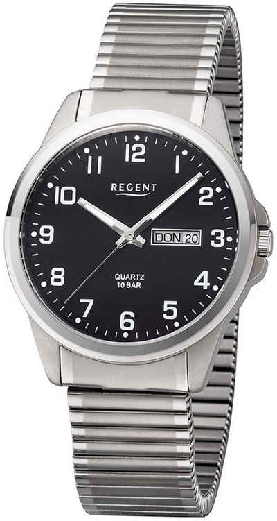 Regent Quarzuhr Regent Herren Uhr F-1199 Metall Quarz, Herren Armbanduhr rund, Metallarmband silber