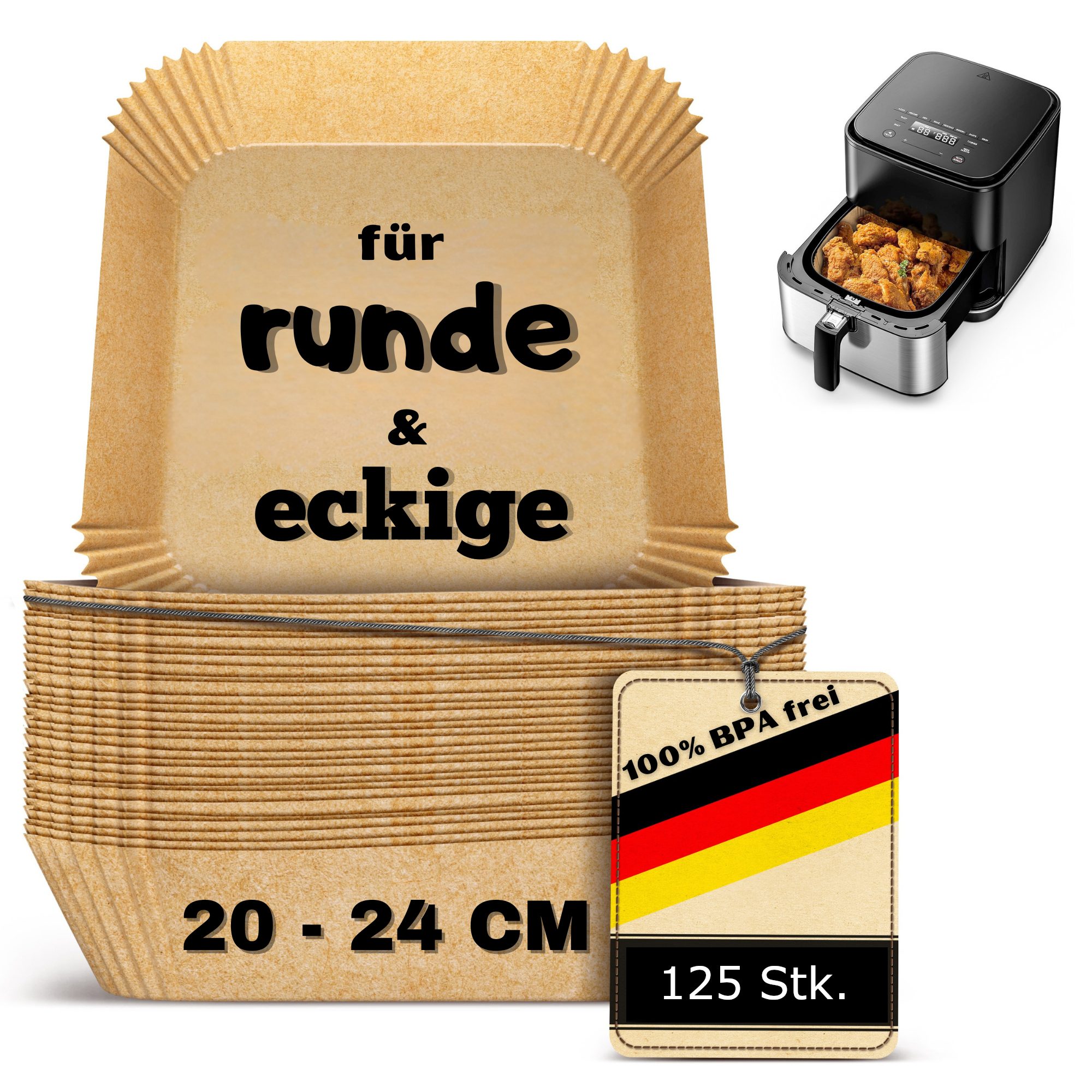 Smart-Planet Backpapier Backpapier für Heißluftfritteuse 125 Stk 20-24cm Airfryer, Antihaft-Beschichtung, rund, eckig