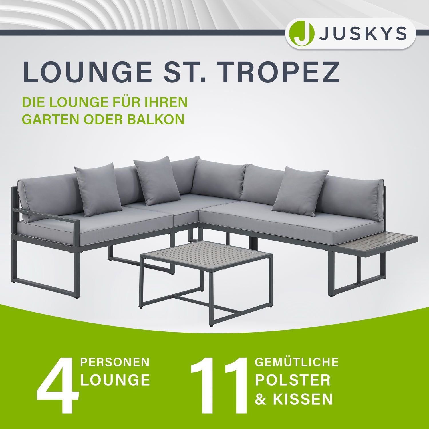 Juskys Gartenlounge-Set St. Tropez, (4-tlg), Gartenmöbel Lounge für 4 Personen, Set mit Ecksofa, Tisch & Kissen