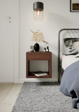 Woodek Design Nachttisch HUGO 39, Skandinavischer Beistelltisch (Ablagetisch aus brauner Birke, 1-St., Minimalistischer Nachtschrank), Schwebendes Wandregal mit Schublade