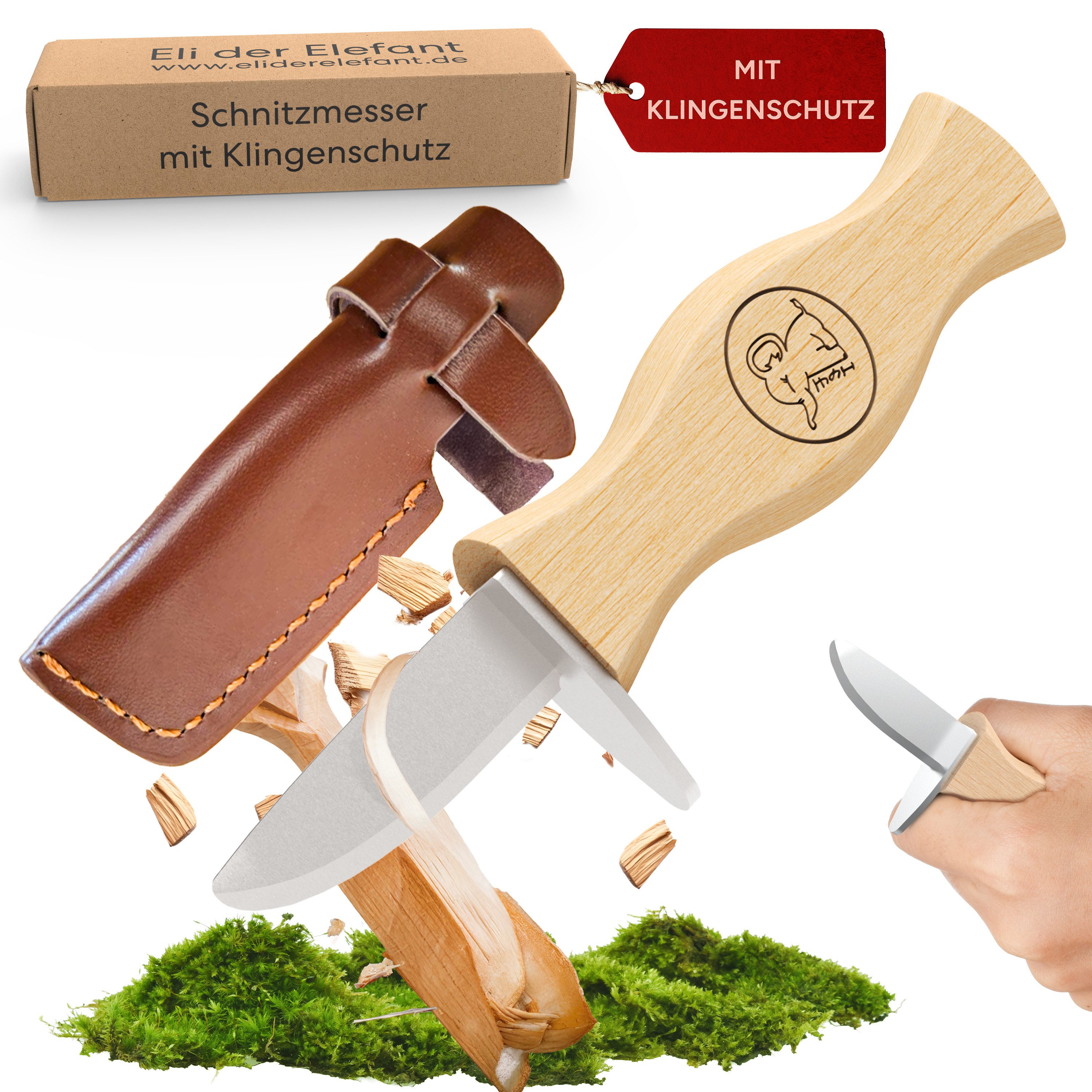 Eli Taschenmesser Schnitzmesser für Kinder ab 6 Jahre inkl. Klingenschutz aus Leder, (Kindermesser - Kinderschnitzmesser - Beidhändig - rostfreier Stahl, Buchenholzgriff), Schnitzwerkzeug - Outdoor Messer