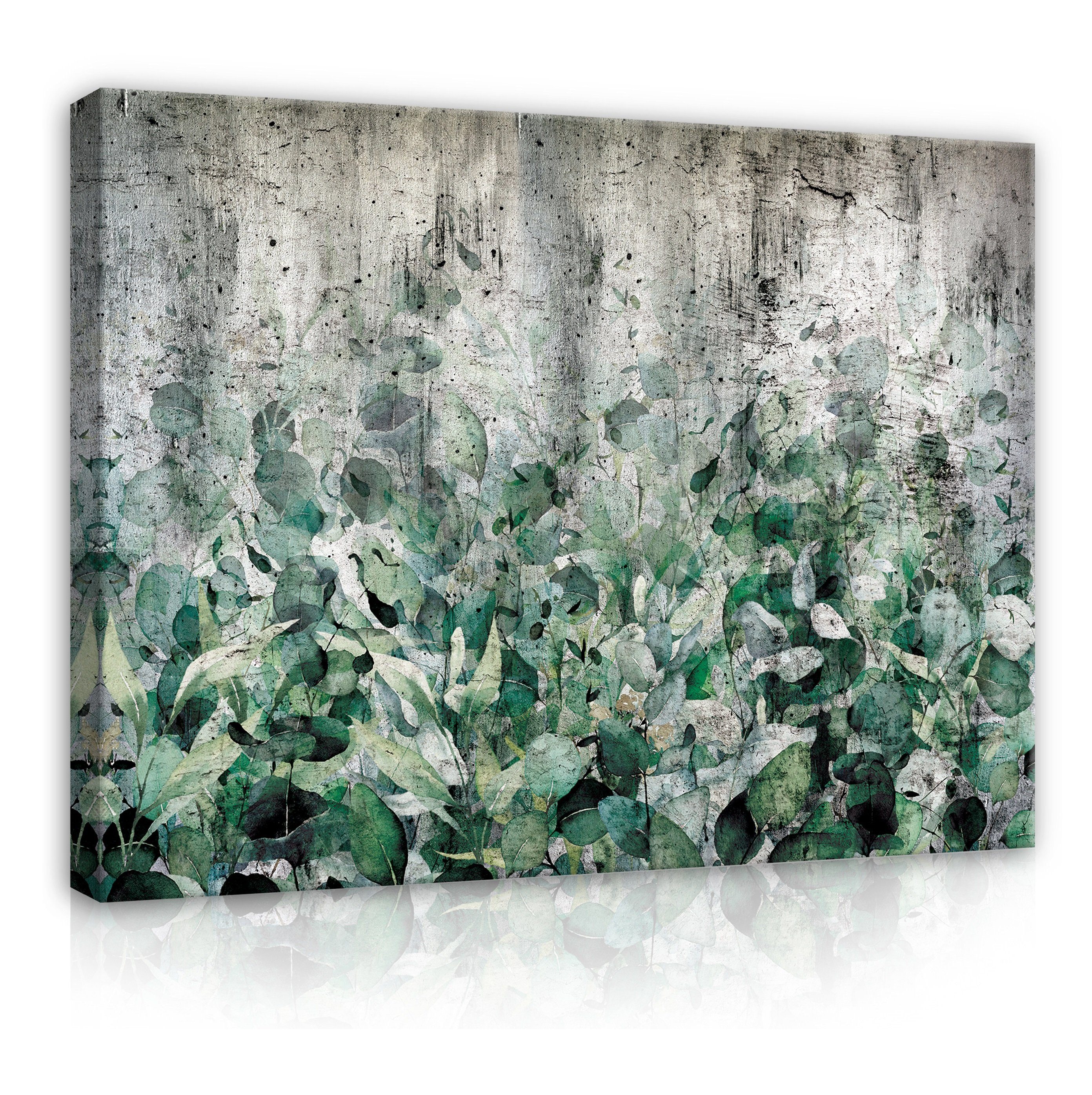 Wallarena Leinwandbild Blätter Grün Beton Struktur Wandbild XXL Leinwandbilder Modern, Grüne Blätter auf Beton (Einteilig), Aufhängefertig