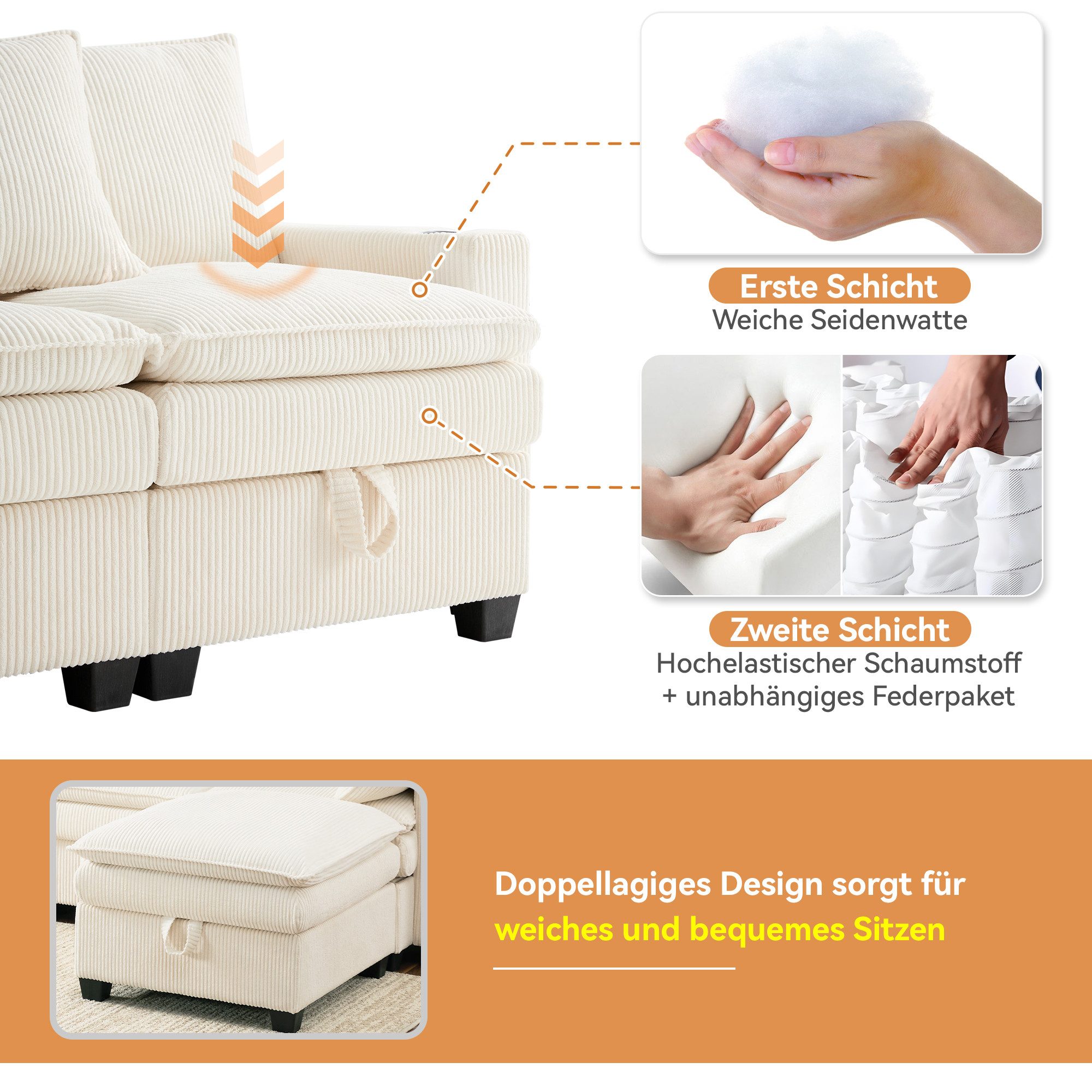 i@home Ecksofa 6-Sitzer-Sofa, L-förmiges Sofa, mit Abnehmbarem Hocker, USB-Anschlüssen und Getränkehaltern, grau/weiß