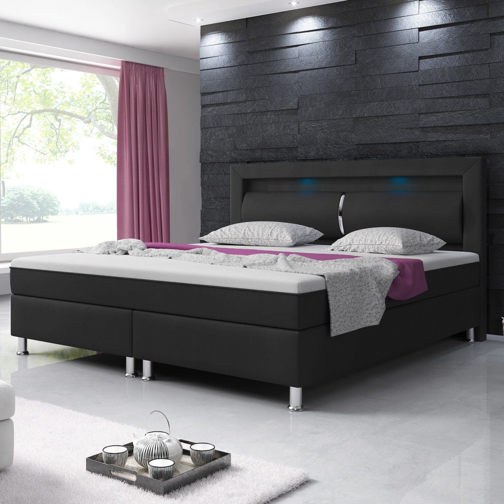 inter Boxspringbett Milano 180x200 cm mit integriertem Topper und Kopfteil LED-Beleuchtung (inkl.Kopfteil mit Matratzen)