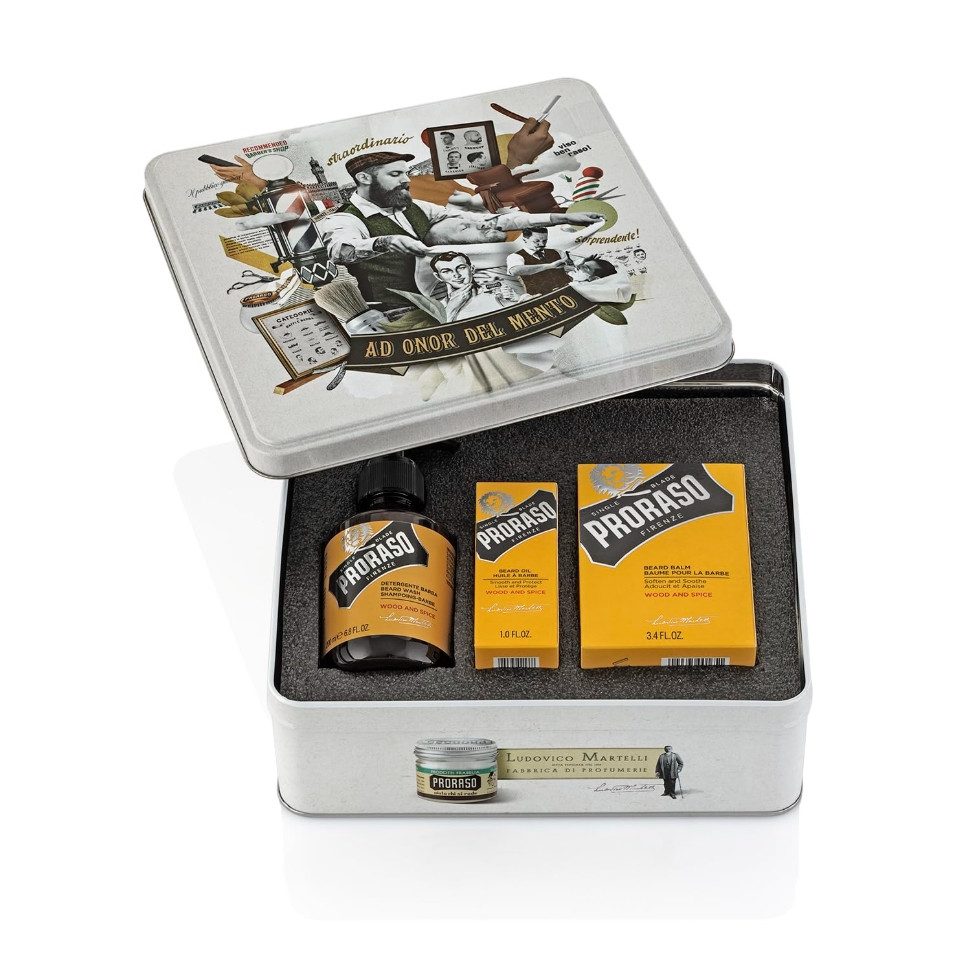 PRORASO Bartpflege-Set Wood & Spice Bartpflegeset, 3-tlg., Bartshampoo, Bartöl, Bartbalsam