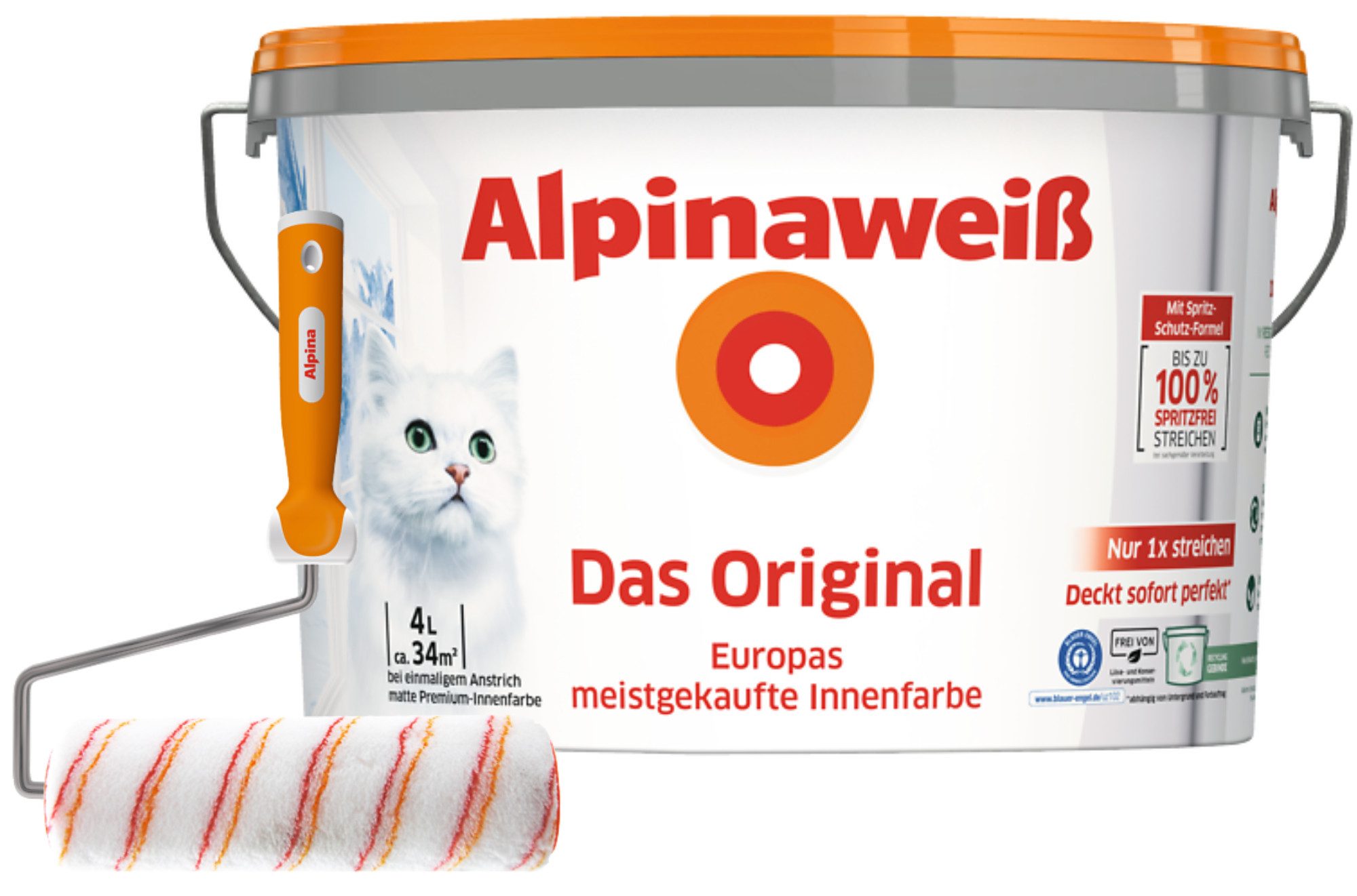 Alpina Wandfarbe - SET - Alpinaweiß Das Original + Spritz-Schutz Spezialroller