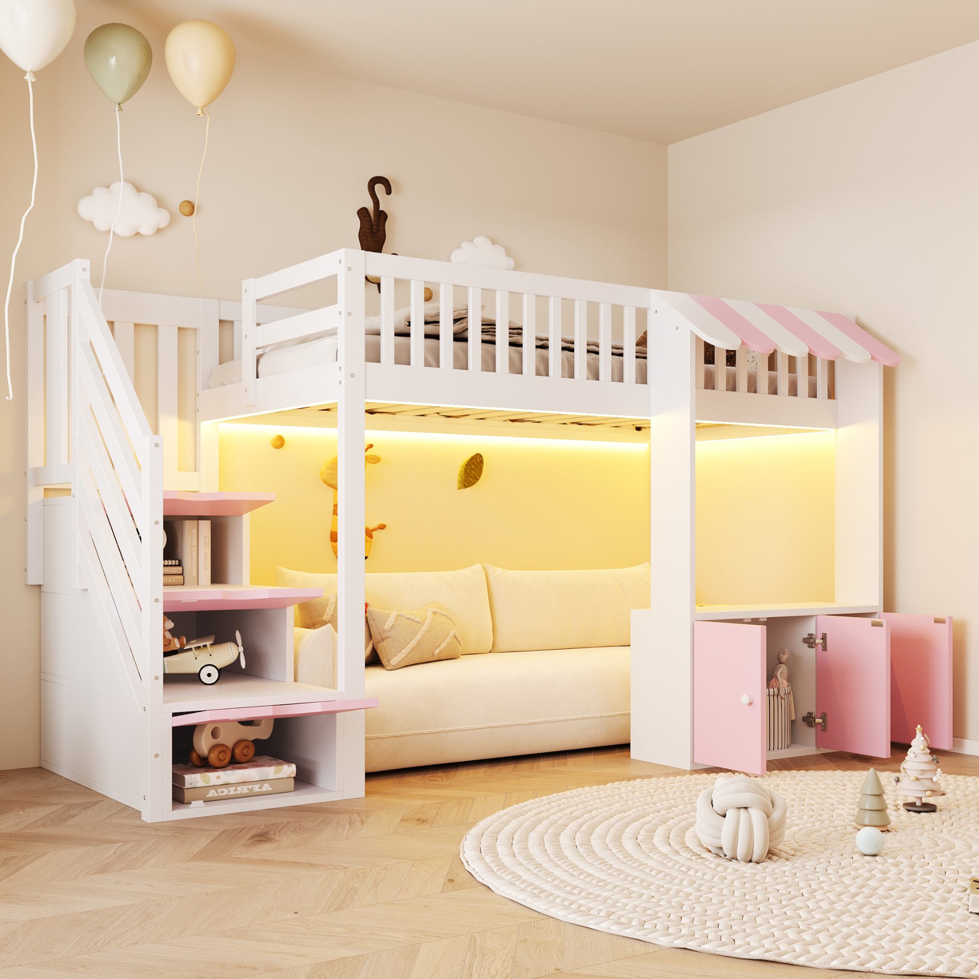Flieks Hochbett Kinderbett Laden-Design 90×200cm mit Schrank und Stauraumtreppe – Bild 2 von 5