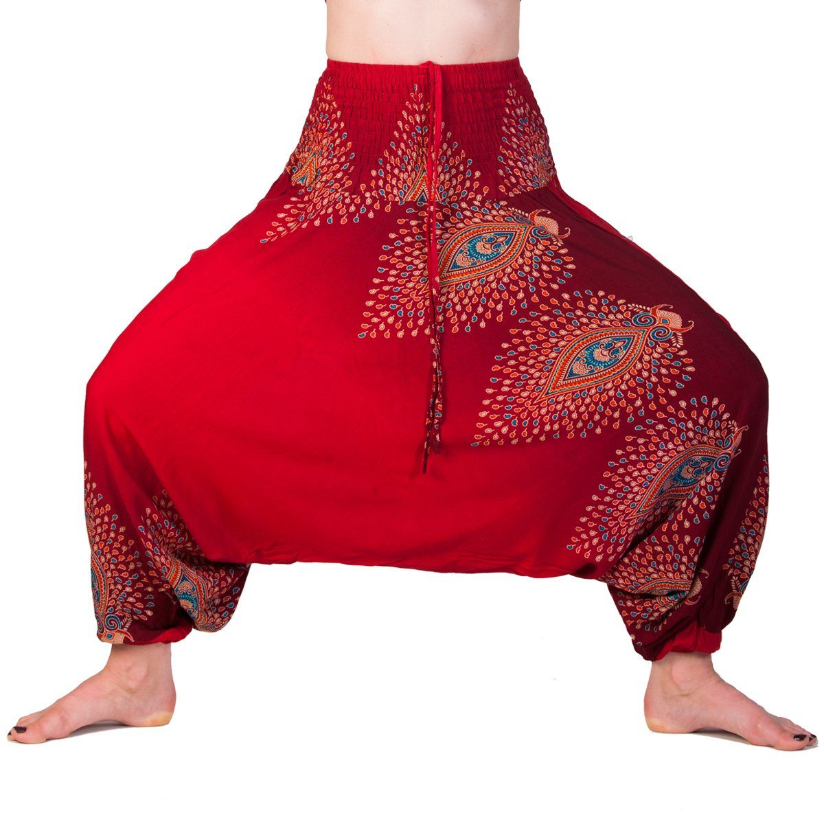 Freizeithose Haremshose Damen Aladinhose rot Pumphose Pfau Ornament für PANASIAM Pluderhose aus bequeme 100% Relaxhose Viskose natürlicher