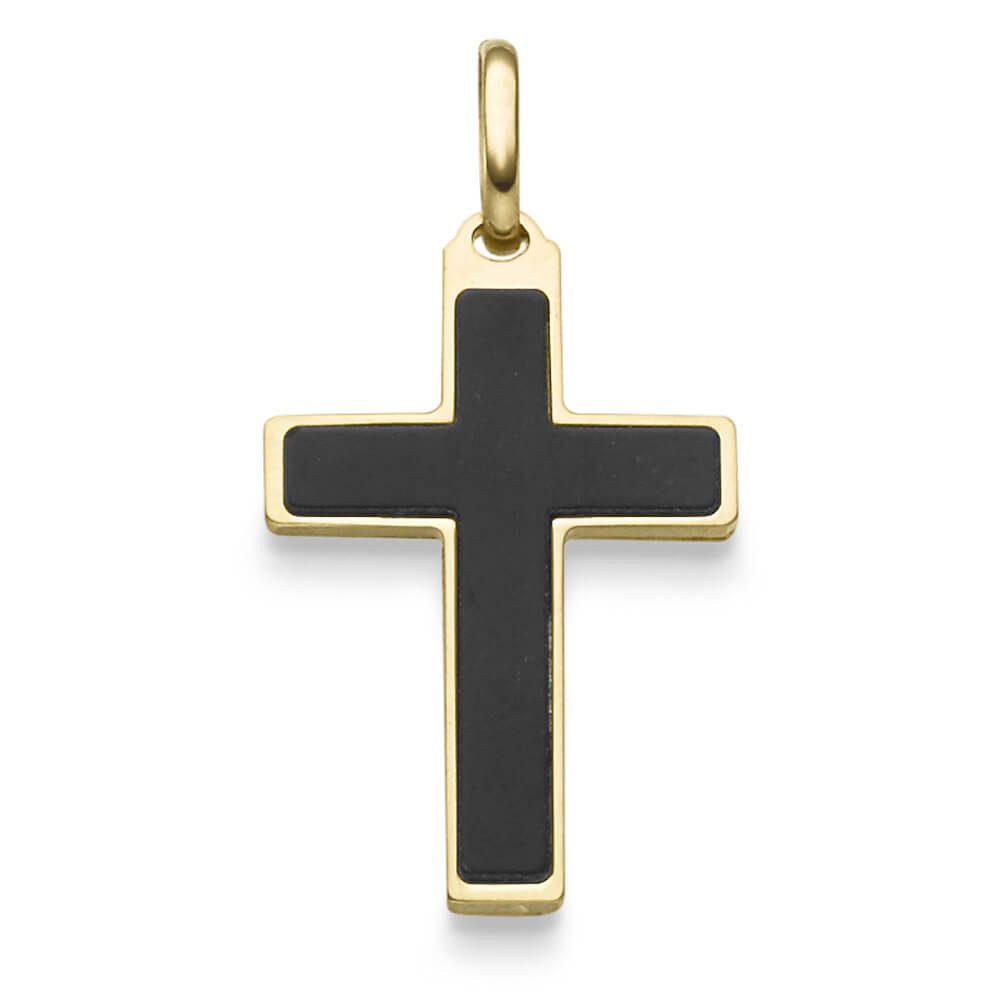 Schmuck Krone Kettenanhänger Anhänger Kreuz mit Onyx schwarz 30x16mm 585 Gelbgold, Gold 585