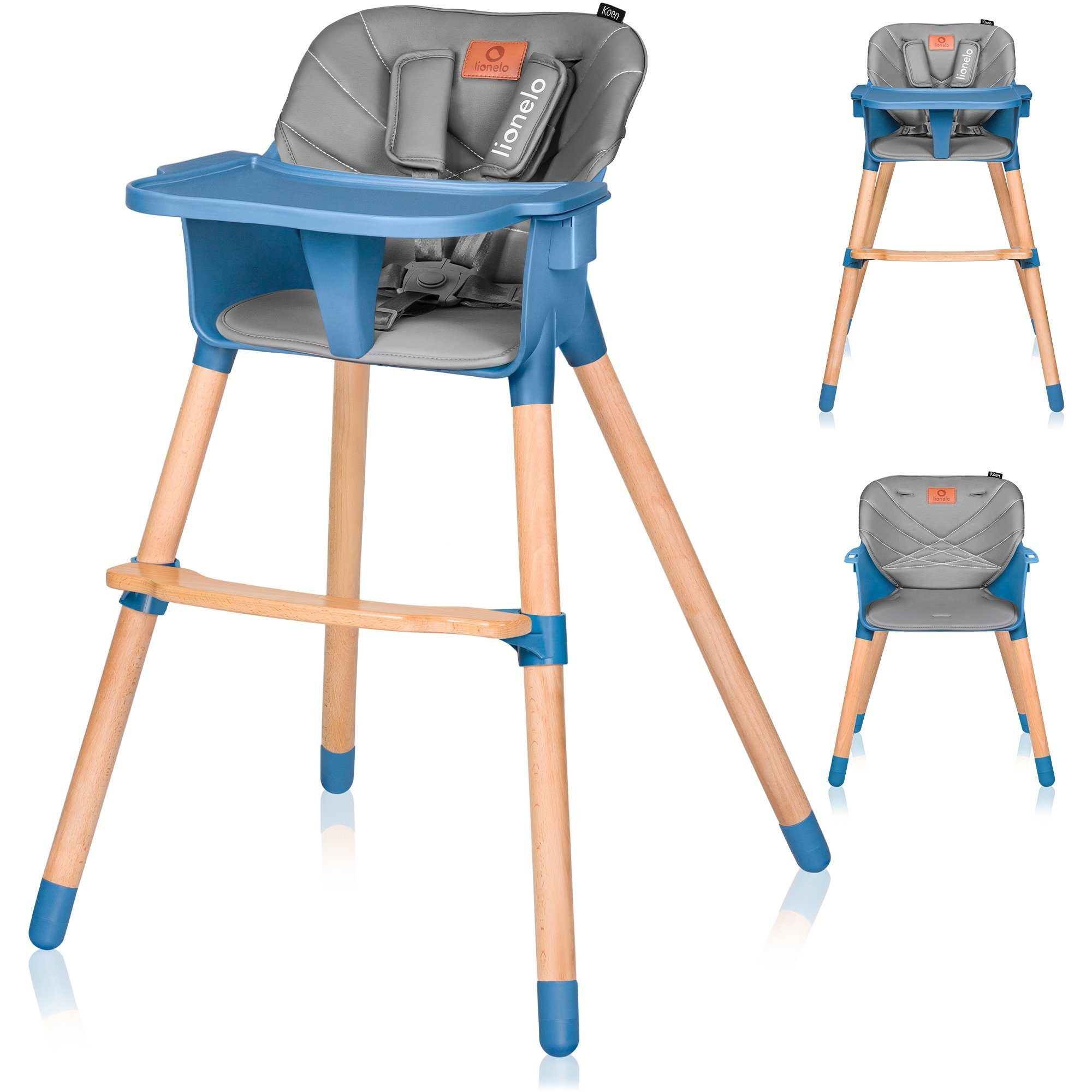 lionelo Hochstuhl Koen (TOP), 2in 1: Babyhochstuhl + Stuhl, skandinavisches Design, Buchenholz und ABS-Kunststoff, bis zu 40 kg, Anti – Rutsch, Fußstütze, Tablett Blau