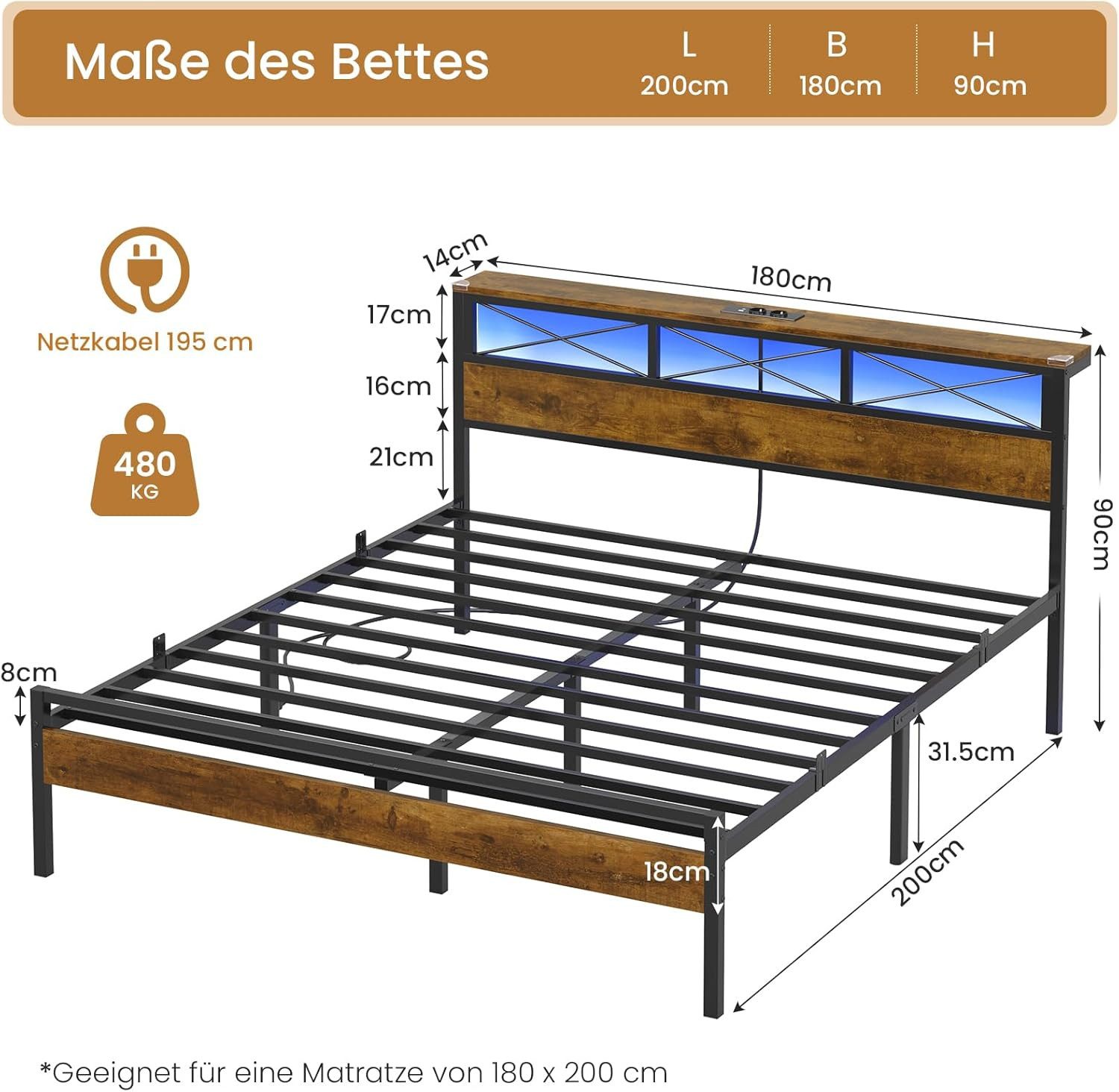 MSMASK Metallbett Bettgestell mit LED Beleuchtung und Steckdose USB-Anschlü günstig online kaufen
