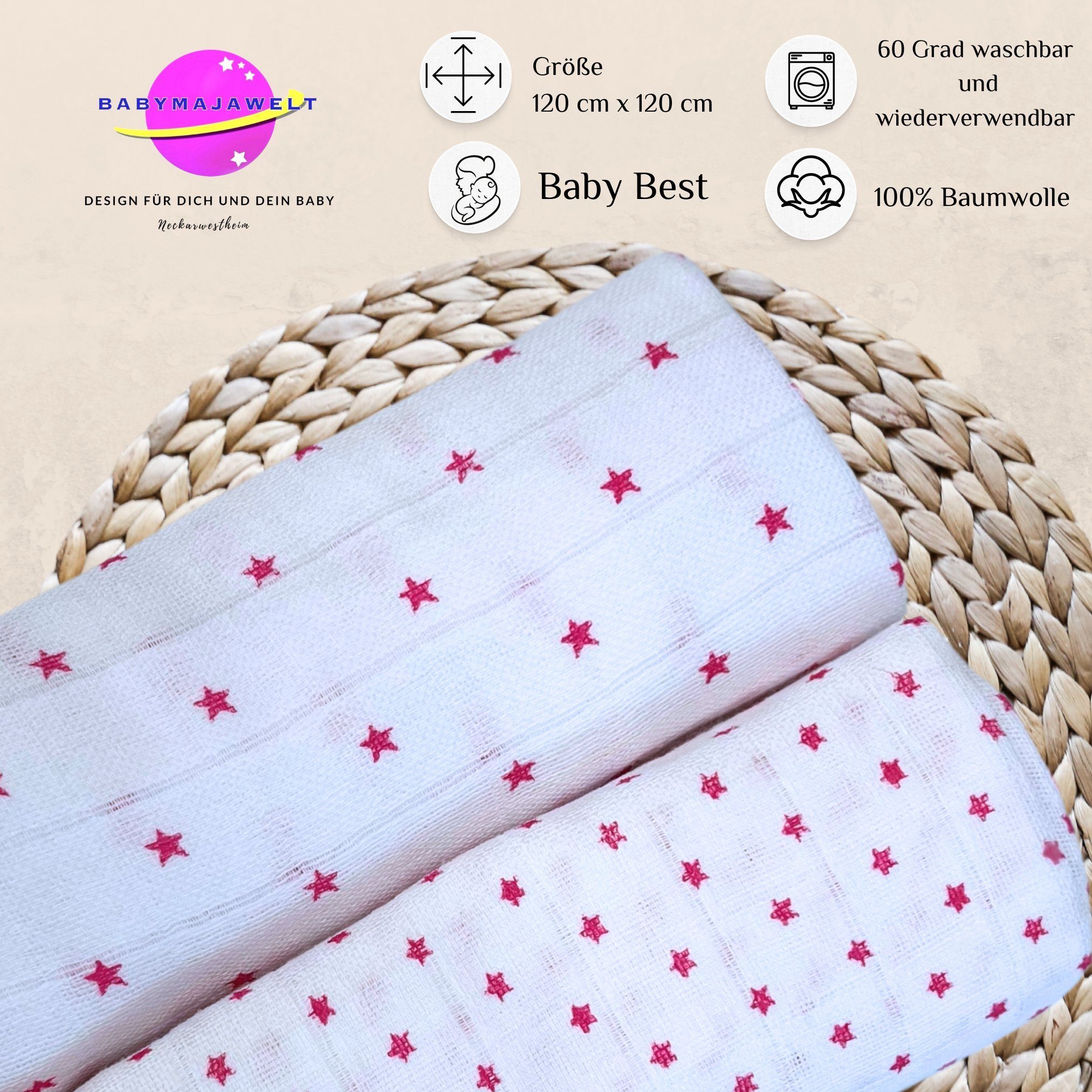 Babymajawelt Stoffwindeln Stilltuch Set "Stars" XXL, Mulltücher 120x120cm, 2er Pack (Packung, 2-St., Starter Set), Made in Europe, Sterne, besonders hautfreundlich und atmungsaktiv
