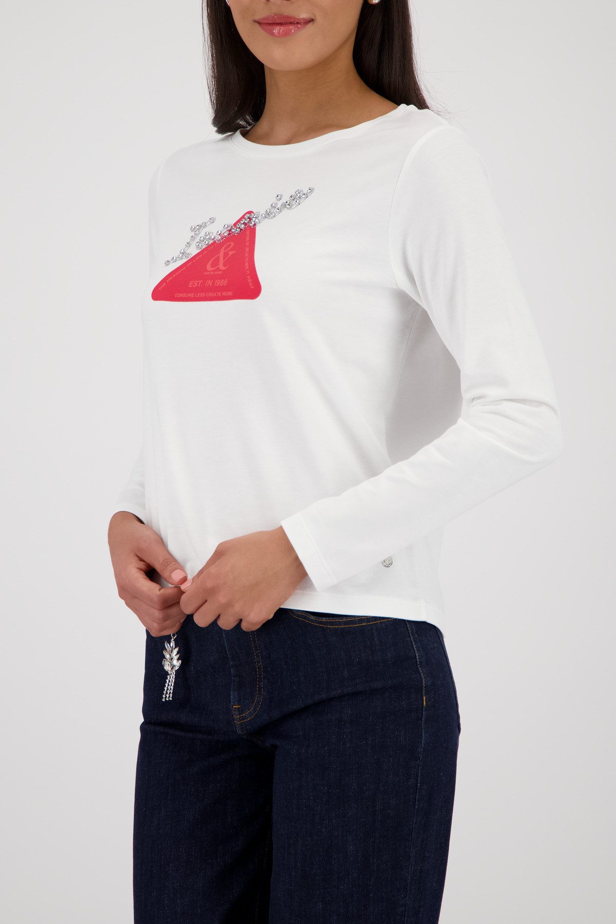 Monari Langarmshirt Shirt Emblem + Schmuck Rundhalsausschnitt, Regular Fit, mit Strasssteinen