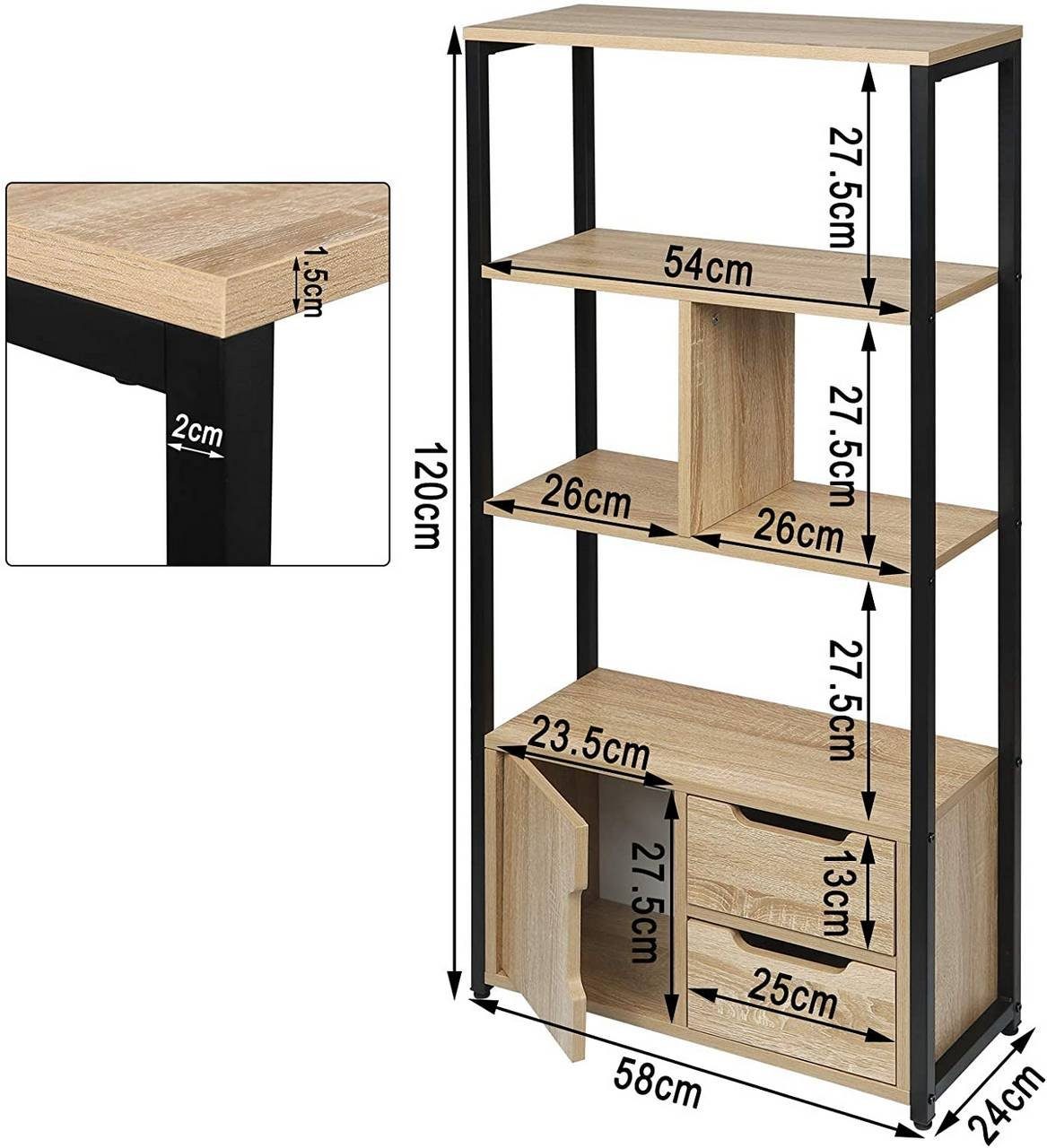 Woltu Bücherregal, 1-tlg., Standregal mit Schrank und Schubladen MDF Metall