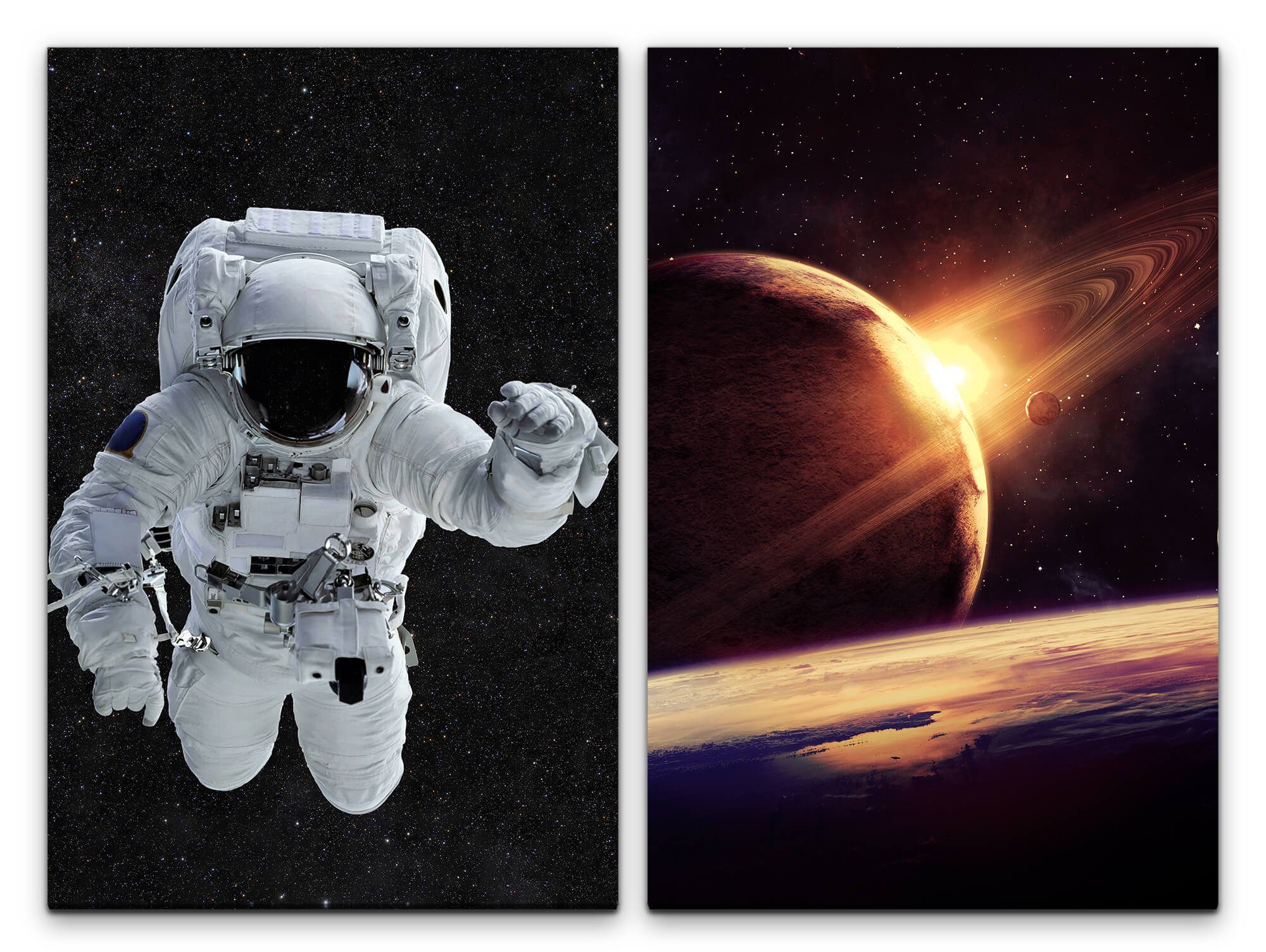Leinwandbild 2 Bilder je 60x90cm Astronaut Weltraum Planeten Saturn Sterne Universum Erde