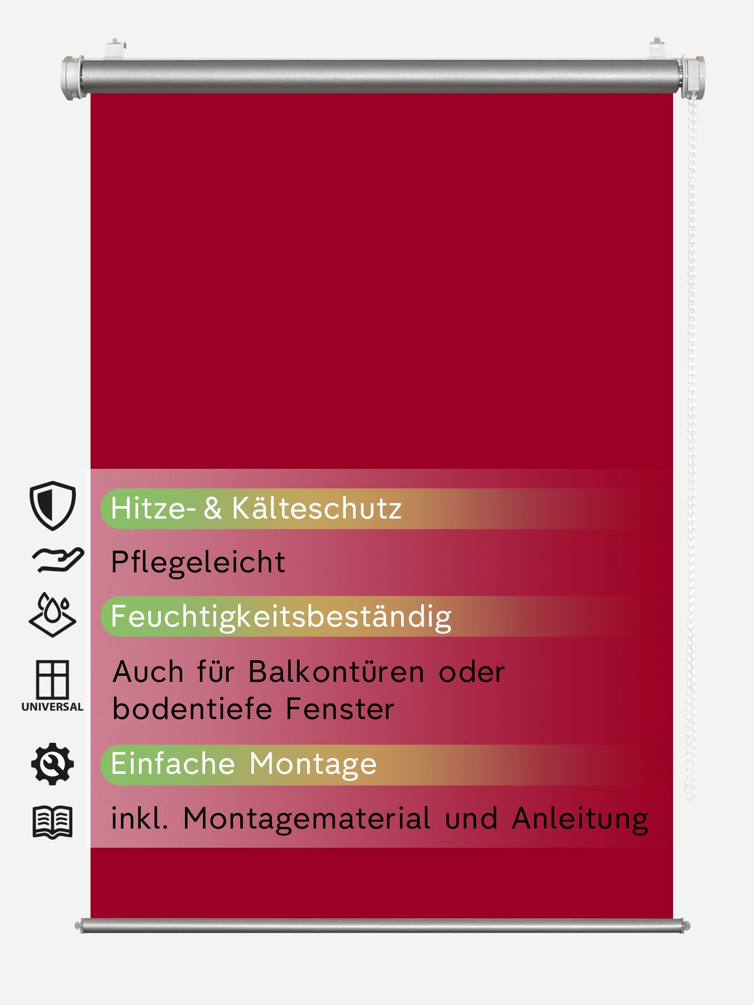 Seitenzugrollo Fensterrollo Rot Schraubmontage Seitenzugrollo Thermorollo Sichtschutz, Rikmani, Klemm- oder