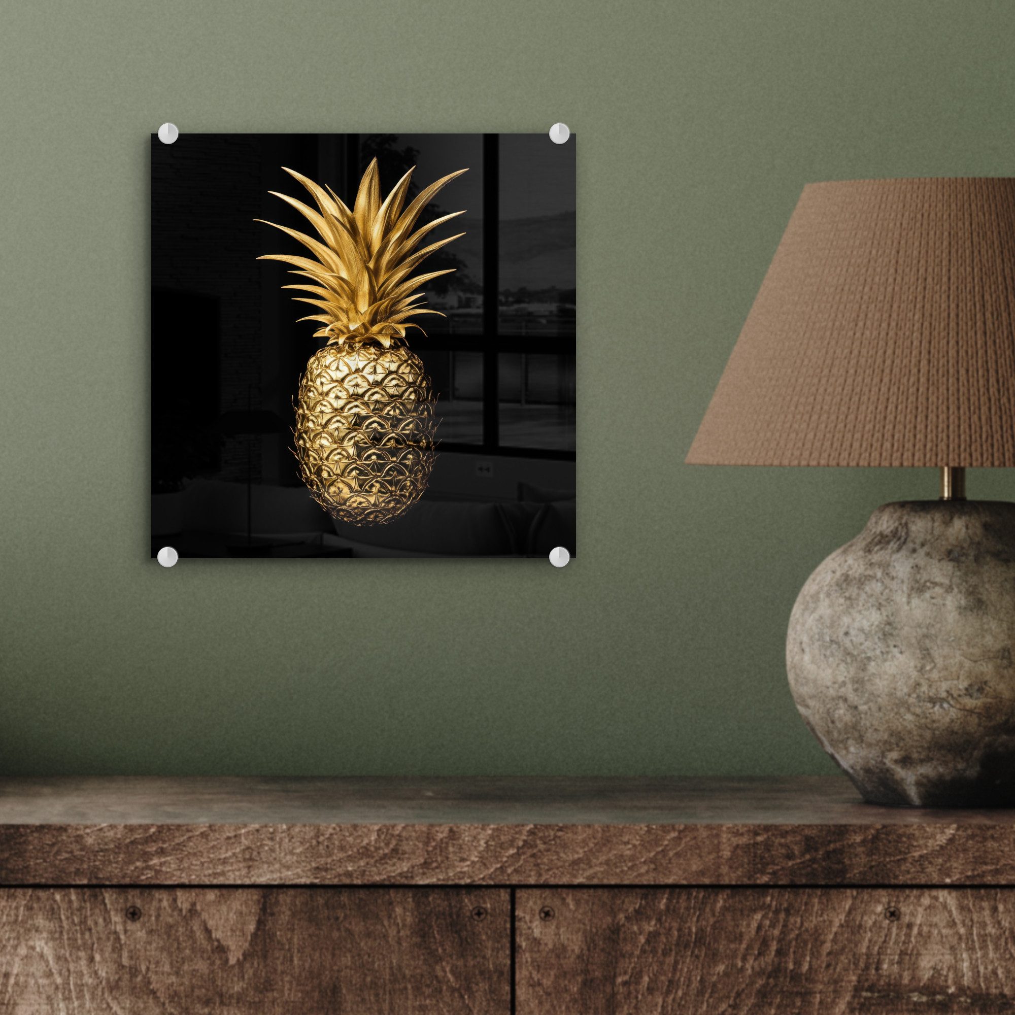 MuchoWow Acrylglasbild Ananas - Schwarz - Gold - Luxus, Inkl. Aufhängung, Bilder auf Glas Wandbild, Wanddeko Wohnzimmer Badezimmer, 20x20 cm – Bild 4 von 5