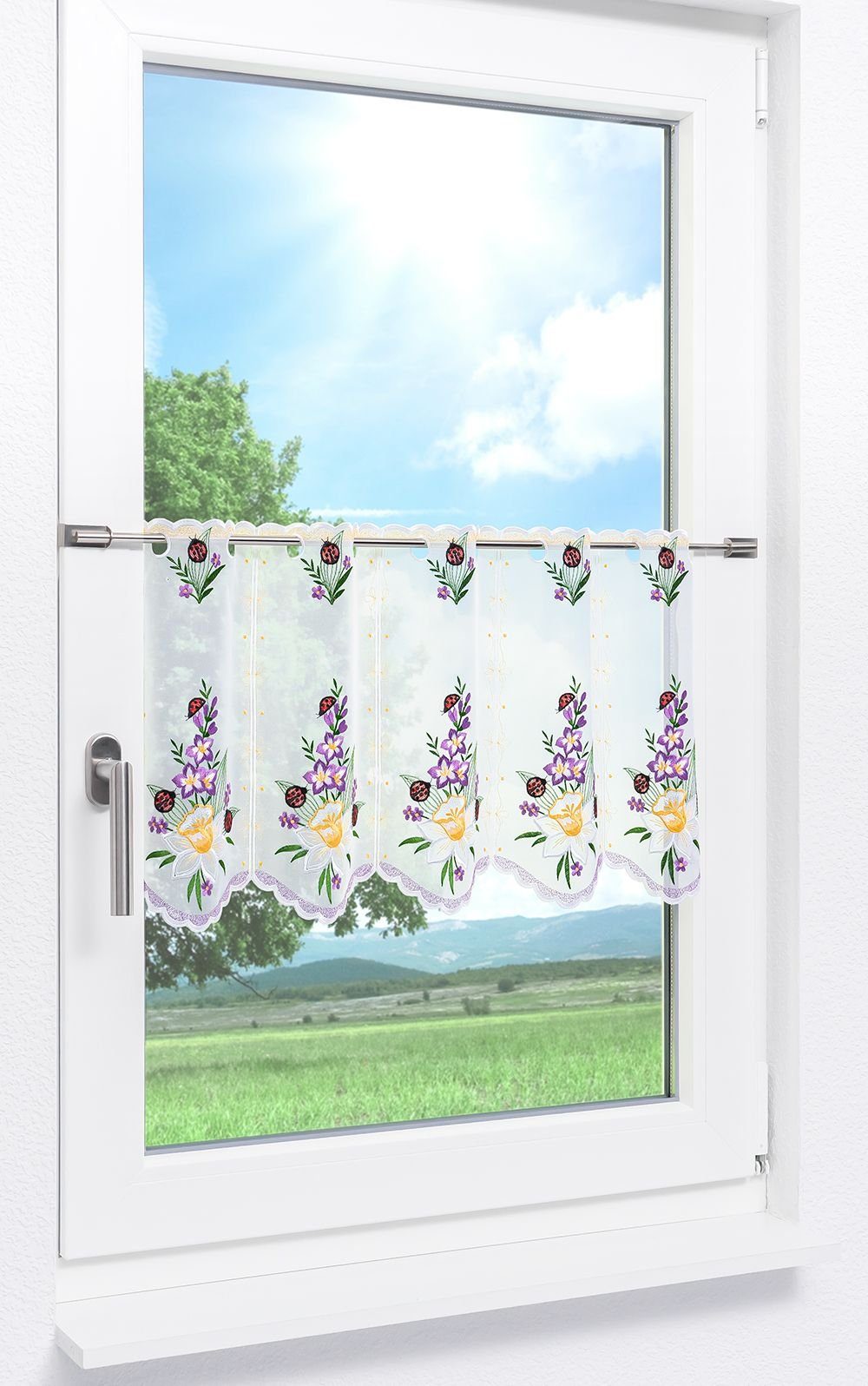 Plauener Spitze® Scheibengardine Frühlingsblumen (1 St), transparent, HxB 3 günstig online kaufen